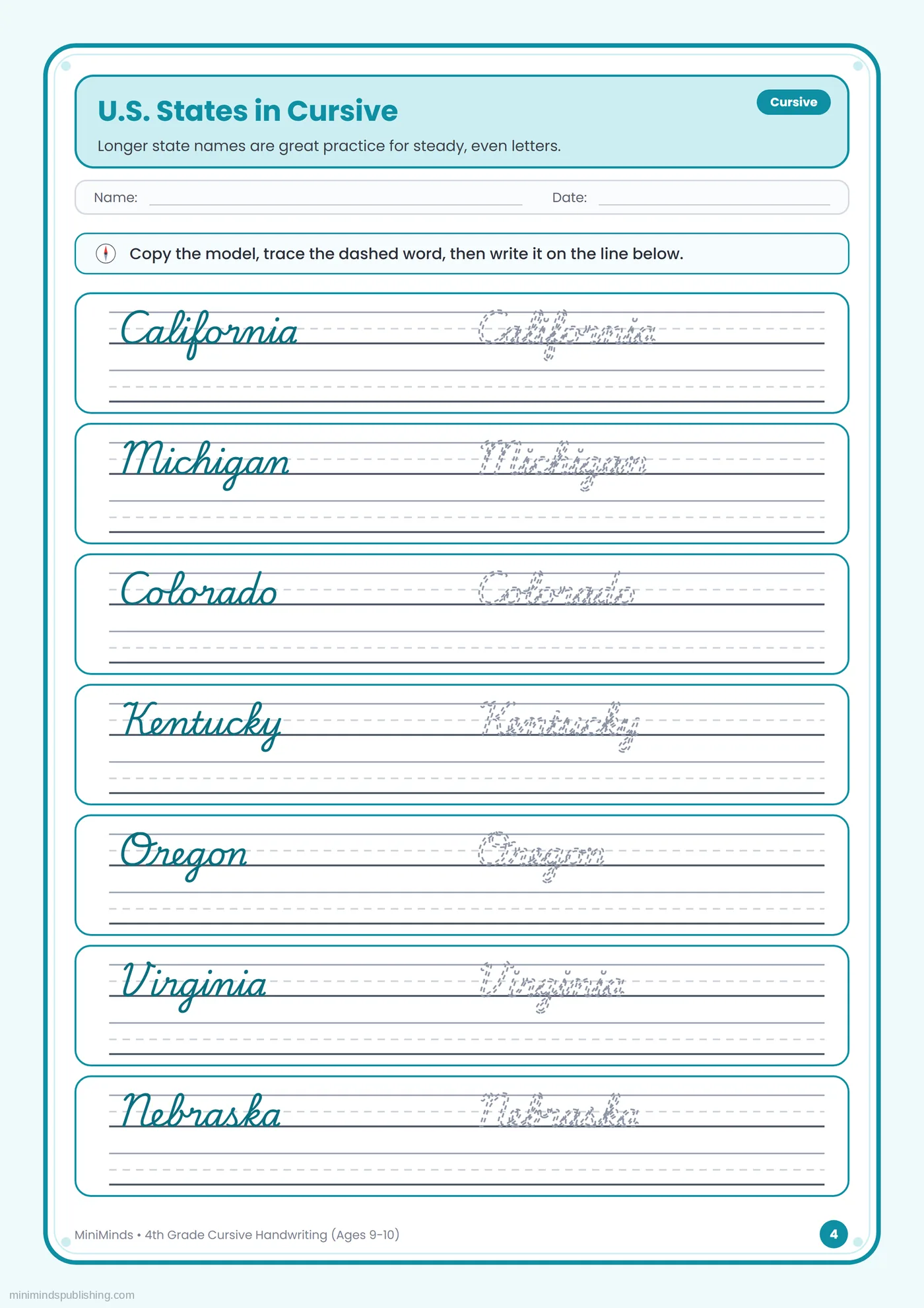 U.S. States in Cursive — free printable 4th Grade cursive handwriting worksheet for ages 9-10
