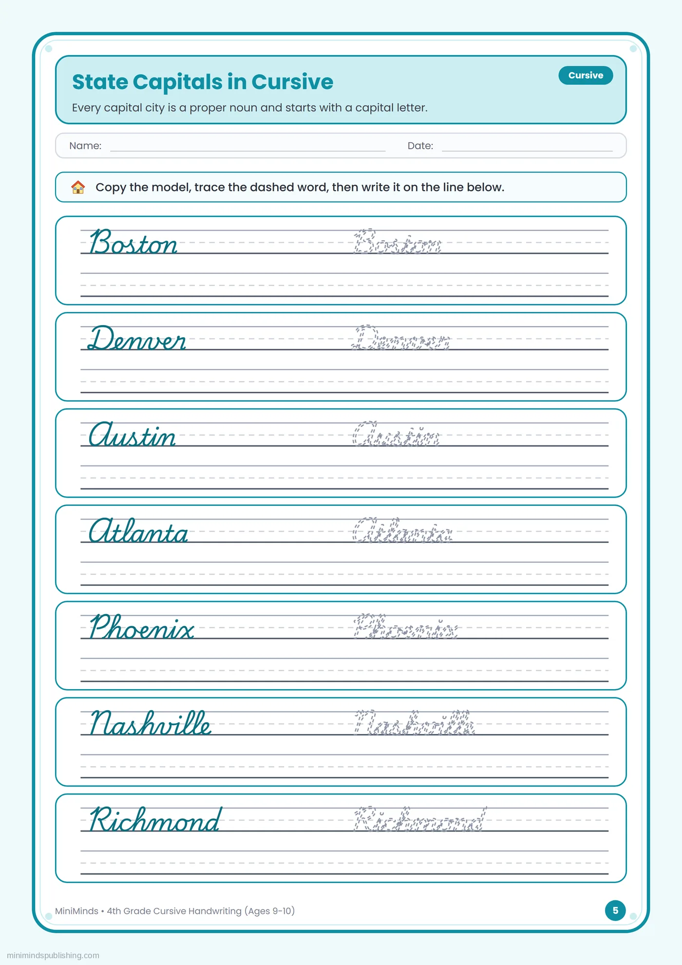 State Capitals in Cursive — free printable 4th Grade cursive handwriting worksheet for ages 9-10