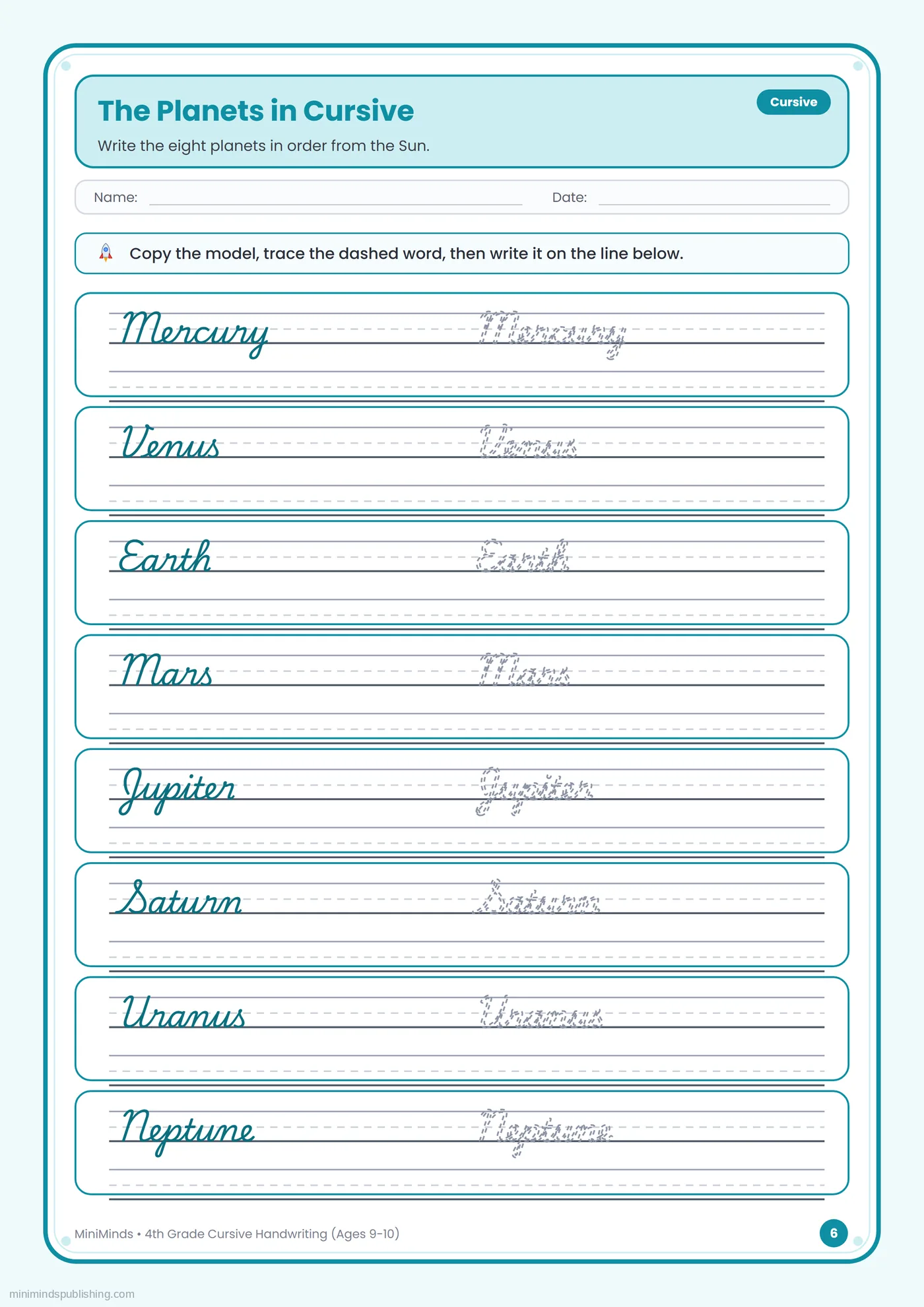The Planets in Cursive — free printable 4th Grade cursive handwriting worksheet for ages 9-10