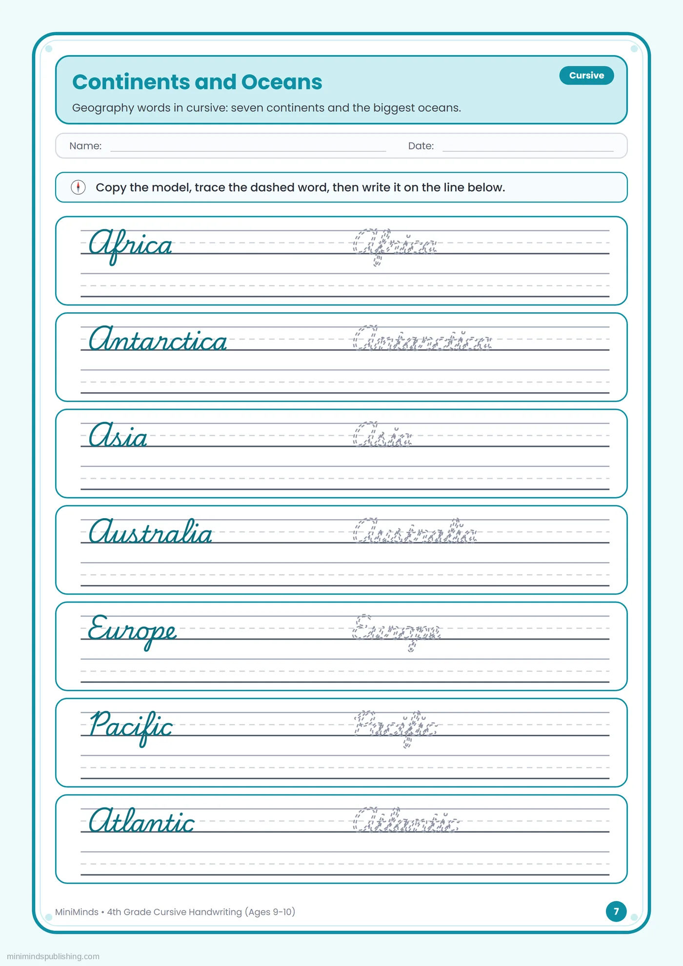 Continents and Oceans — free printable 4th Grade cursive handwriting worksheet for ages 9-10