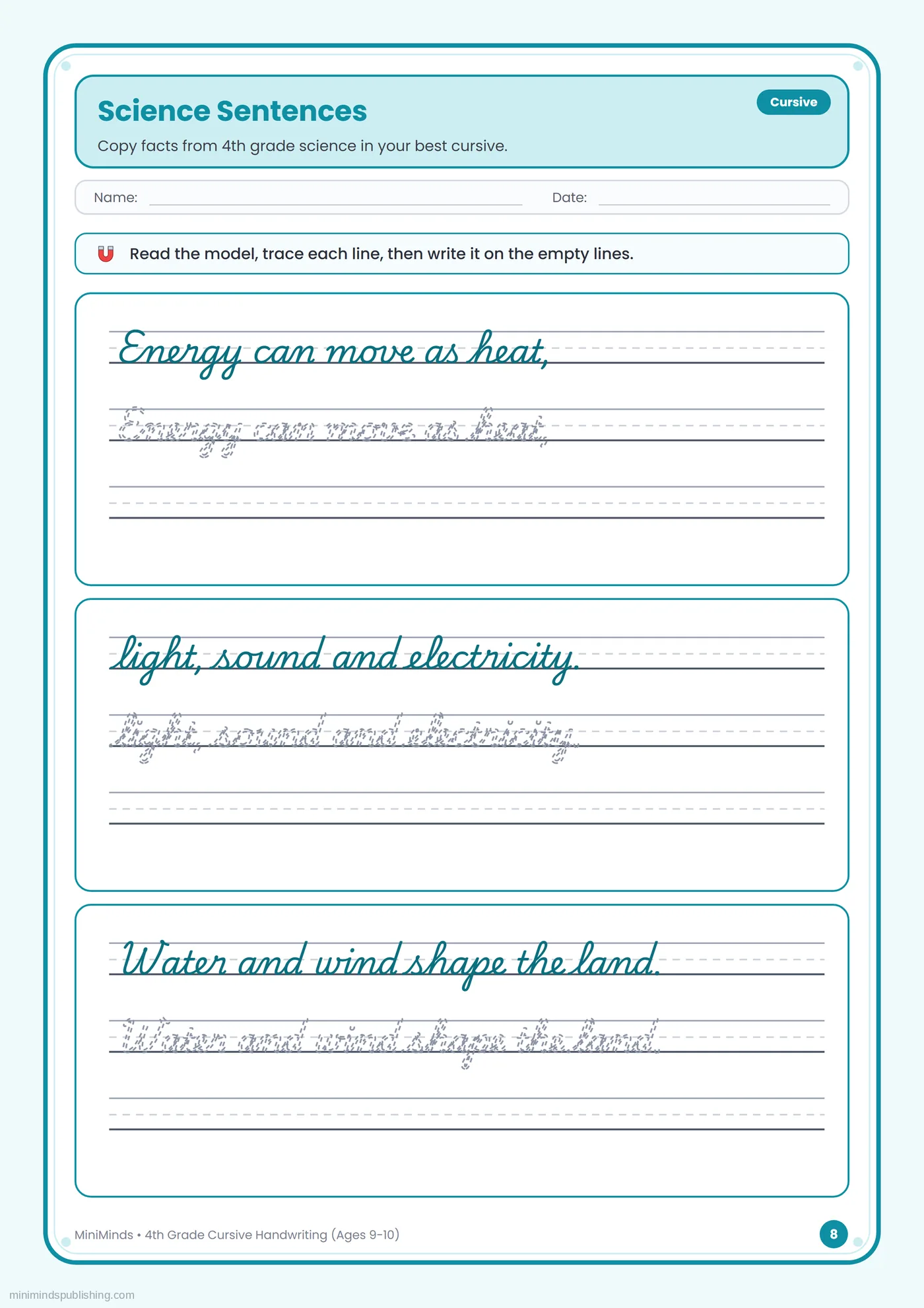 Science Sentences — free printable 4th Grade cursive handwriting worksheet for ages 9-10