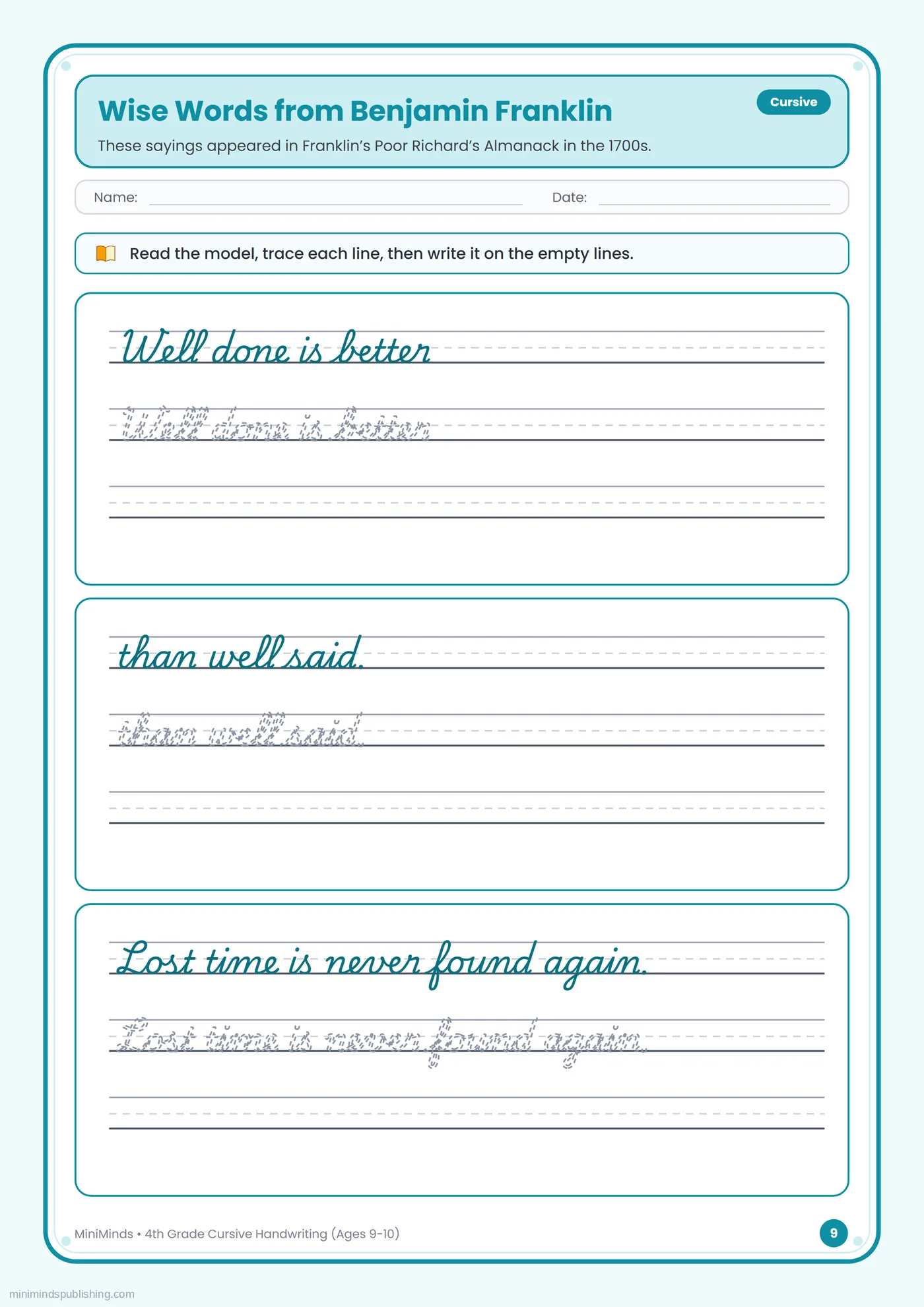 Wise Words from Benjamin Franklin — free printable 4th Grade cursive handwriting worksheet for ages 9-10