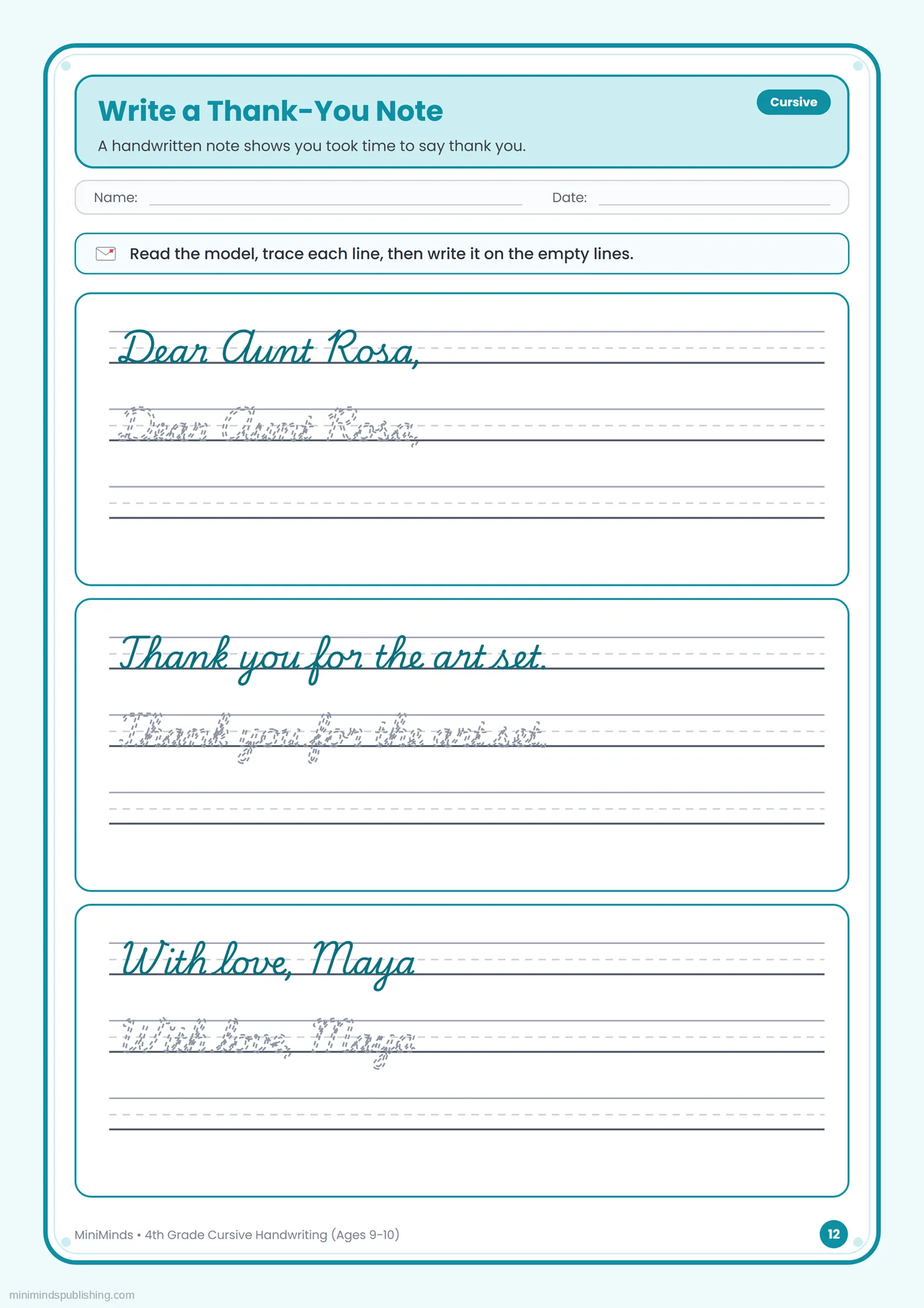 Write a Thank-You Note — free printable 4th Grade cursive handwriting worksheet for ages 9-10