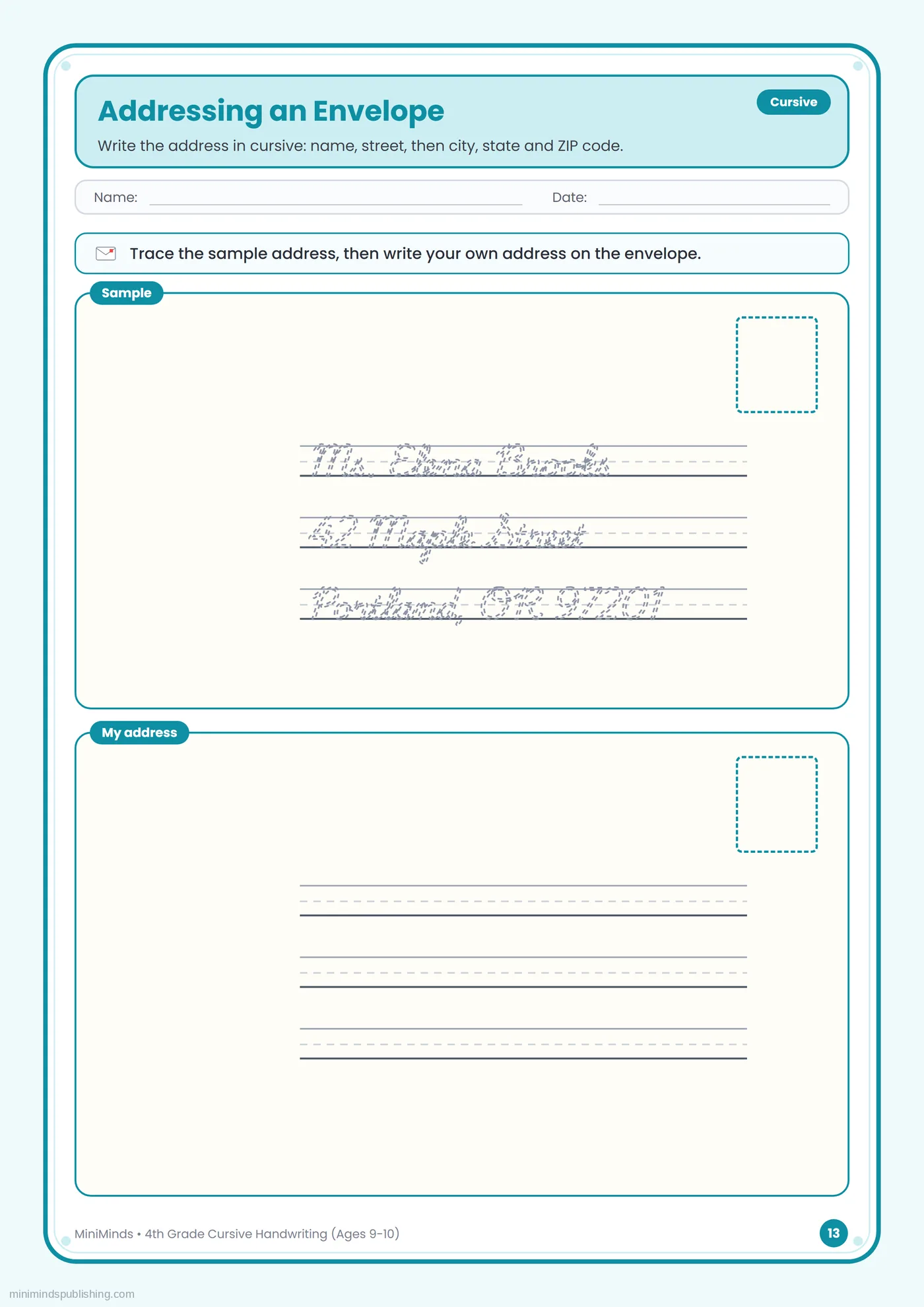 Addressing an Envelope — free printable 4th Grade cursive handwriting worksheet for ages 9-10