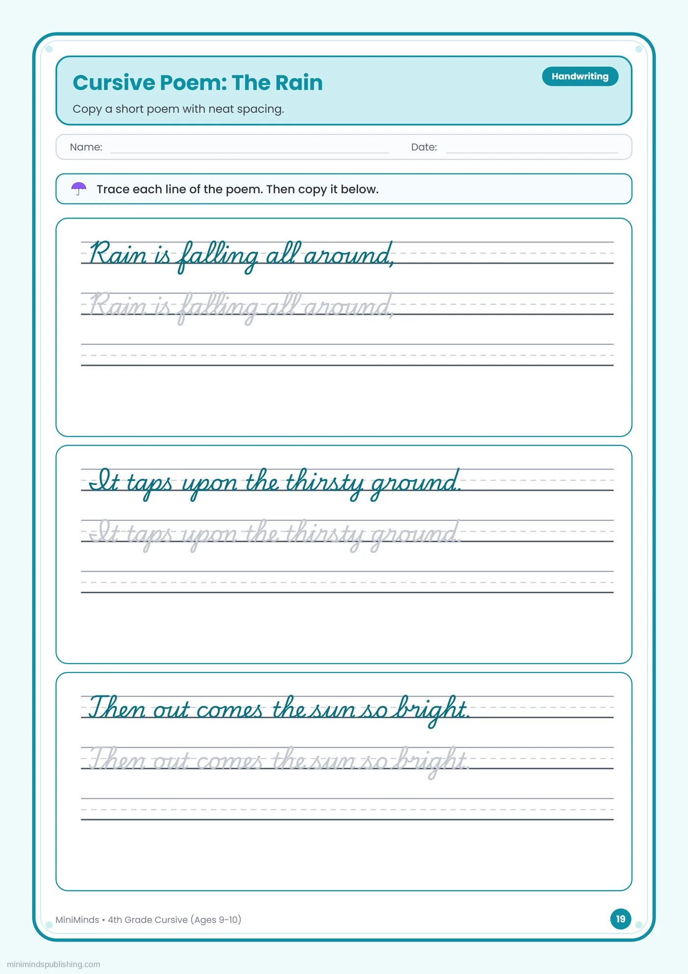 Cursive Poem: The Rain — free printable 4th Grade cursive handwriting worksheet for ages 9-10