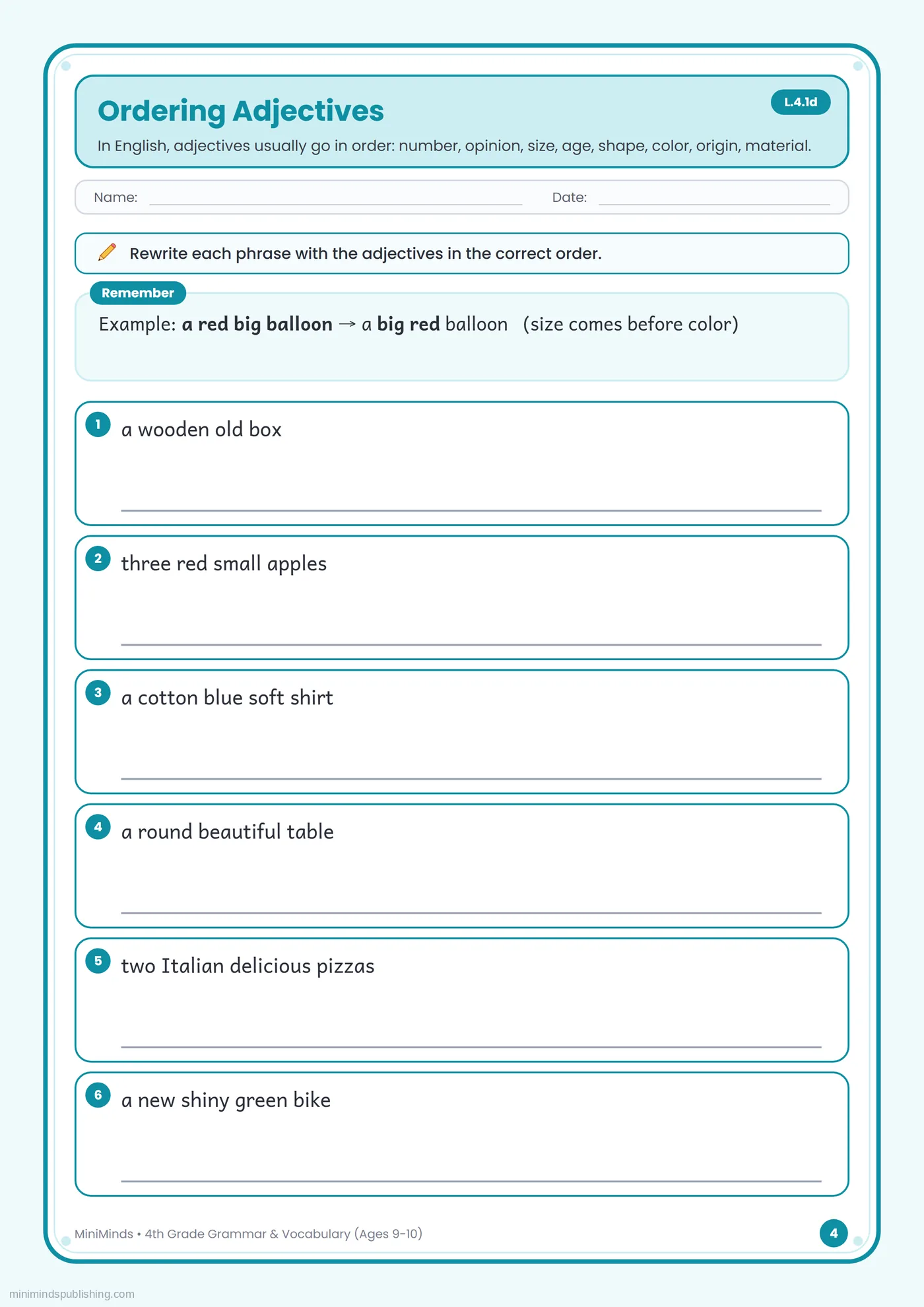 Ordering Adjectives — free printable 4th Grade grammar & vocabulary worksheet for ages 9-10