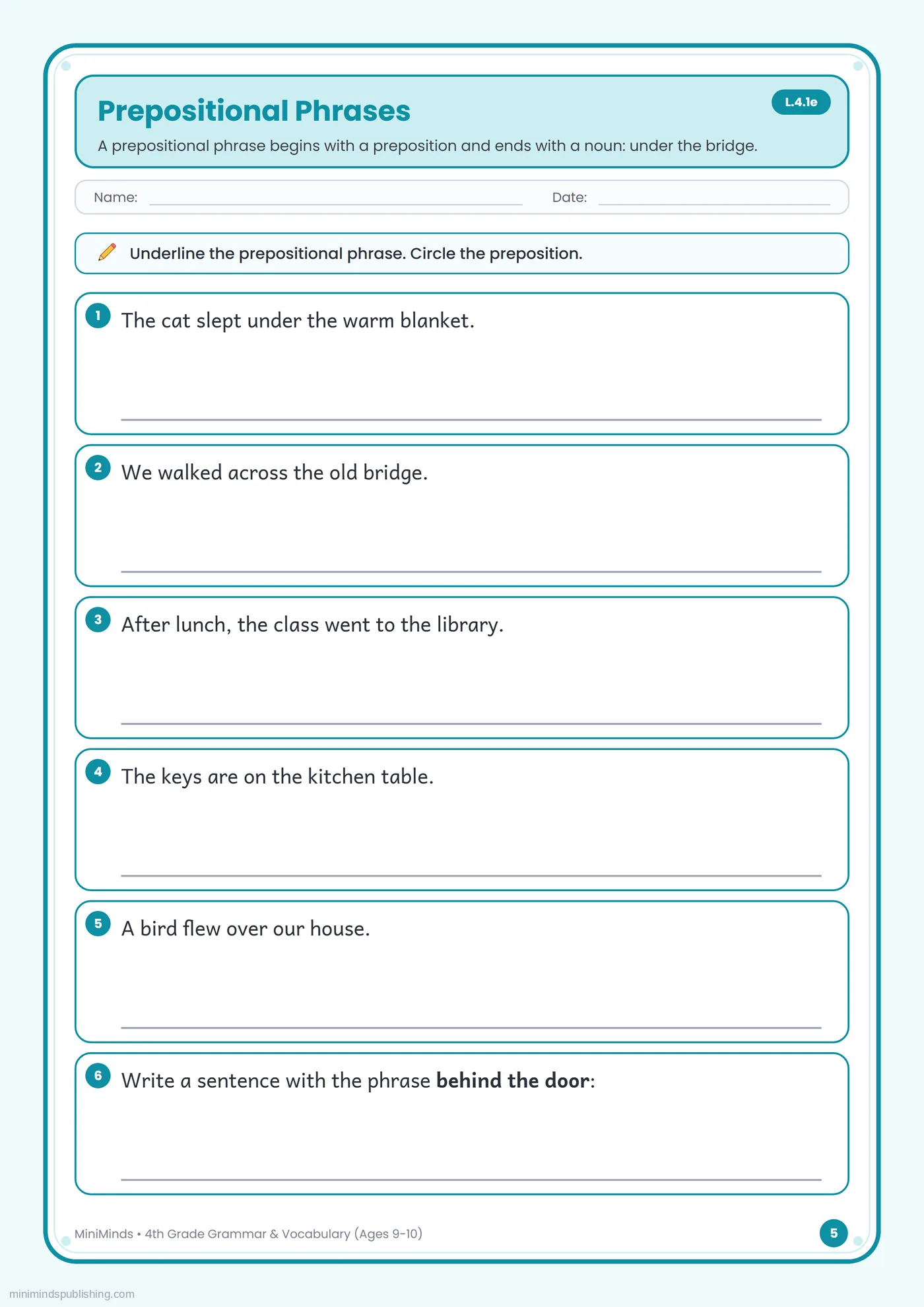 Prepositional Phrases — free printable 4th Grade grammar & vocabulary worksheet for ages 9-10