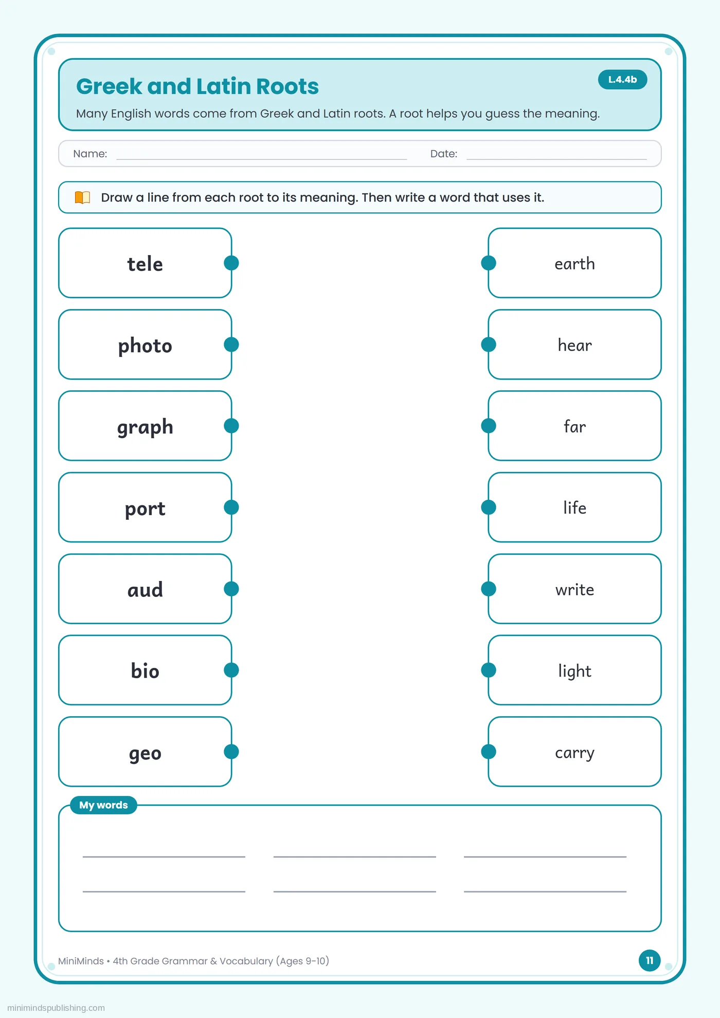 Greek and Latin Roots — free printable 4th Grade grammar & vocabulary worksheet for ages 9-10