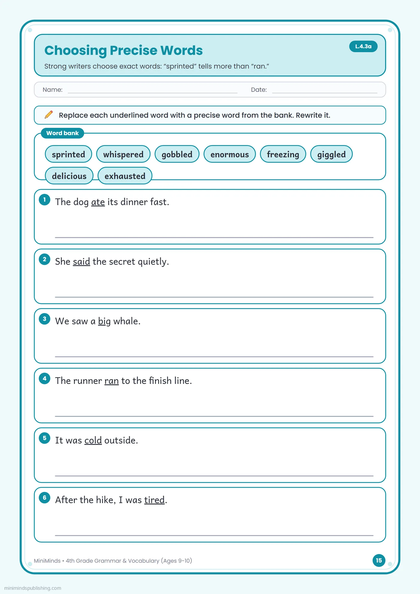 Choosing Precise Words — free printable 4th Grade grammar & vocabulary worksheet for ages 9-10