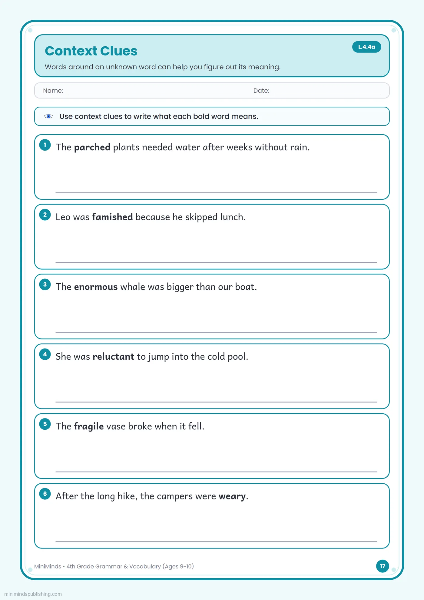 Context Clues — free printable 4th Grade grammar & vocabulary worksheet for ages 9-10