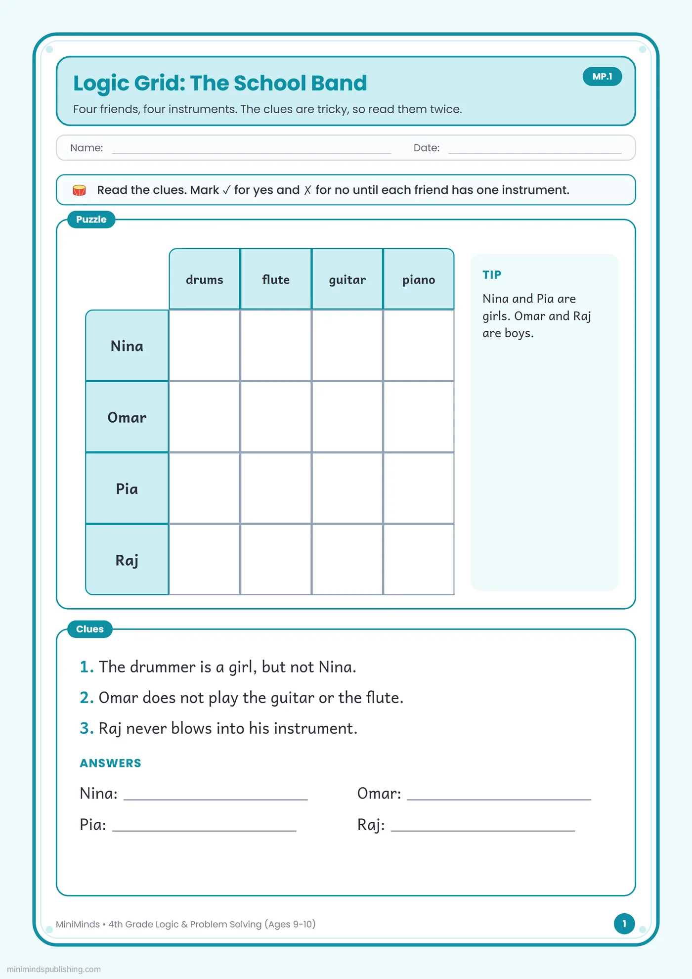 Logic Grid: The School Band — free printable 4th Grade logic & problem solving worksheet for ages 9-10