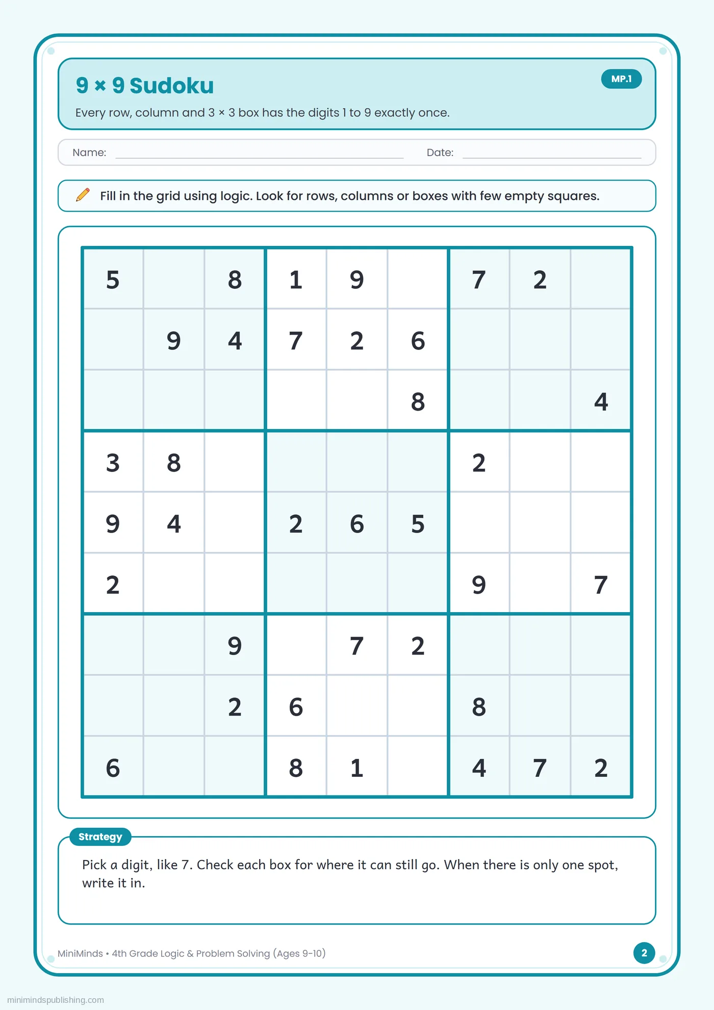 9 × 9 Sudoku — free printable 4th Grade logic & problem solving worksheet for ages 9-10