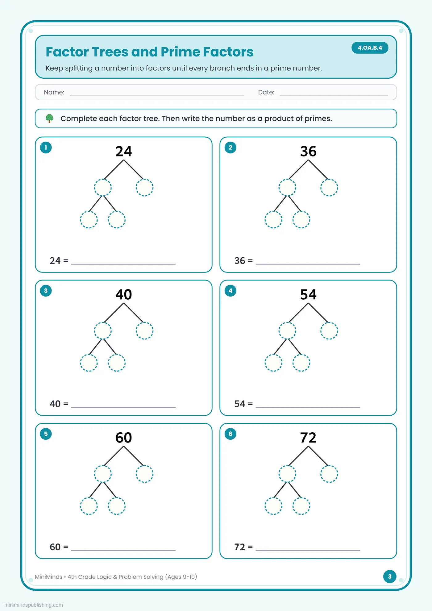 Factor Trees and Prime Factors — free printable 4th Grade logic & problem solving worksheet for ages 9-10