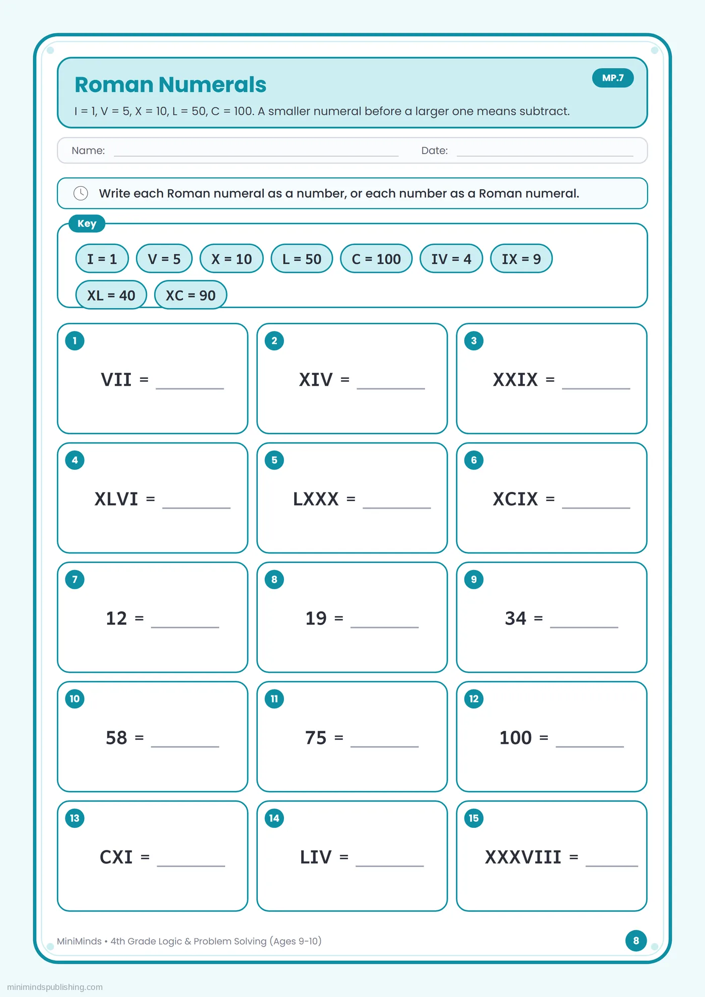 Roman Numerals — free printable 4th Grade logic & problem solving worksheet for ages 9-10