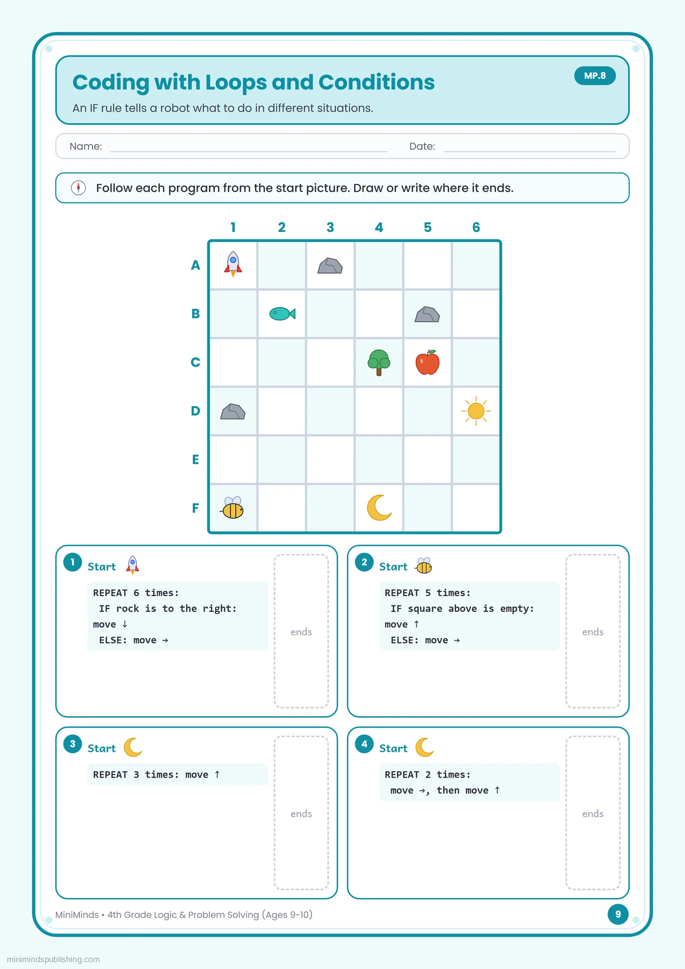 Coding with Loops and Conditions — free printable 4th Grade logic & problem solving worksheet for ages 9-10