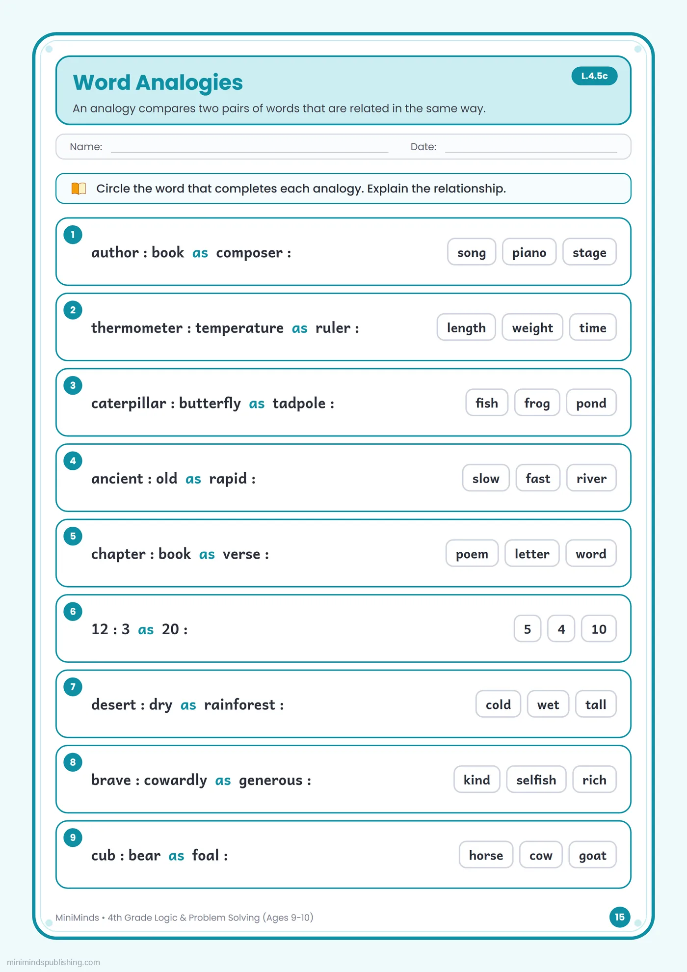 Word Analogies — free printable 4th Grade logic & problem solving worksheet for ages 9-10