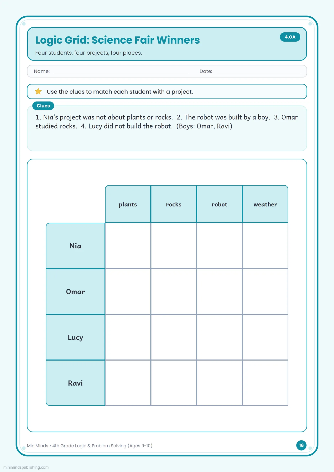 Logic Grid: Science Fair Winners — free printable 4th Grade logic & problem solving worksheet for ages 9-10