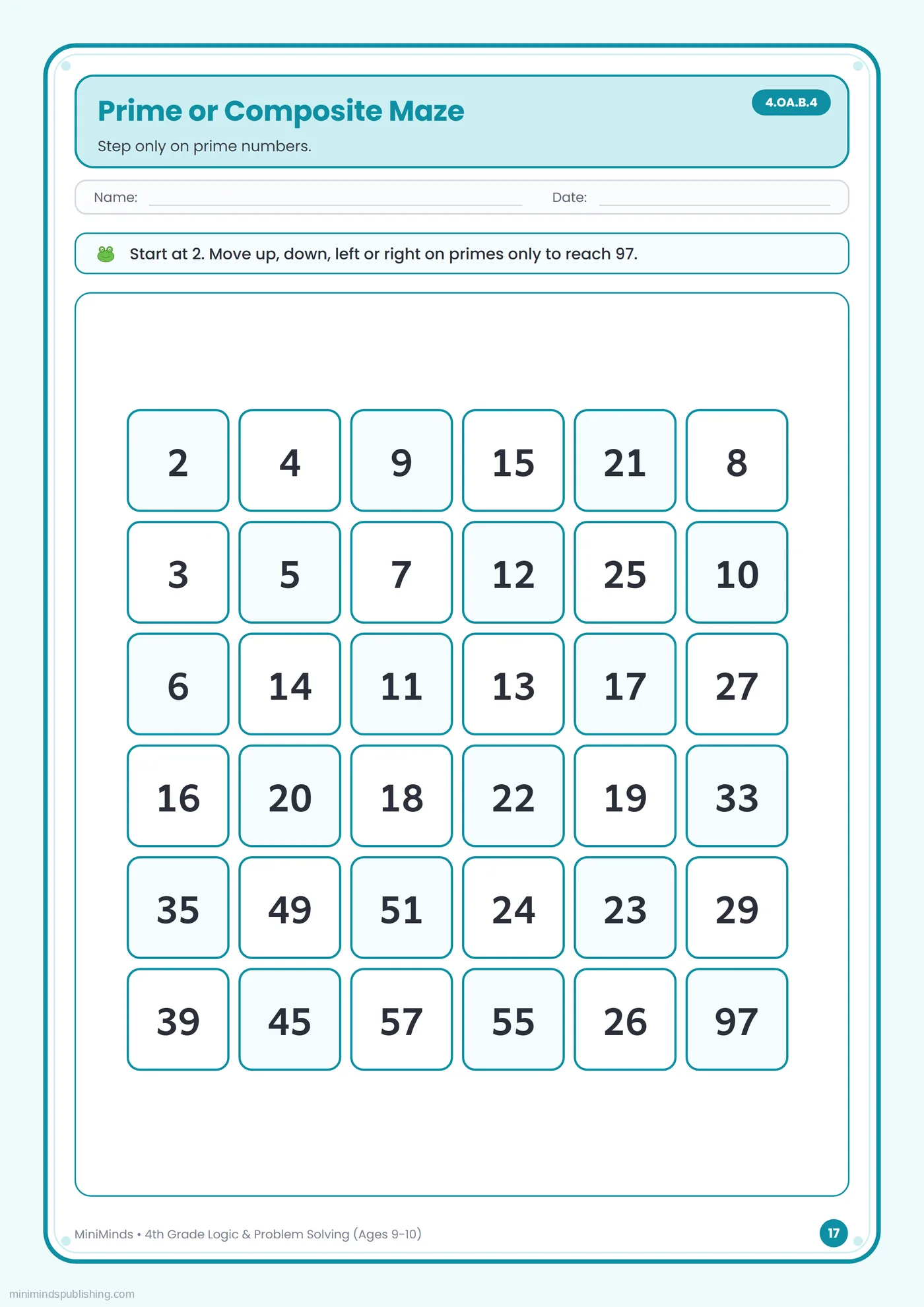 Prime or Composite Maze — free printable 4th Grade logic & problem solving worksheet for ages 9-10