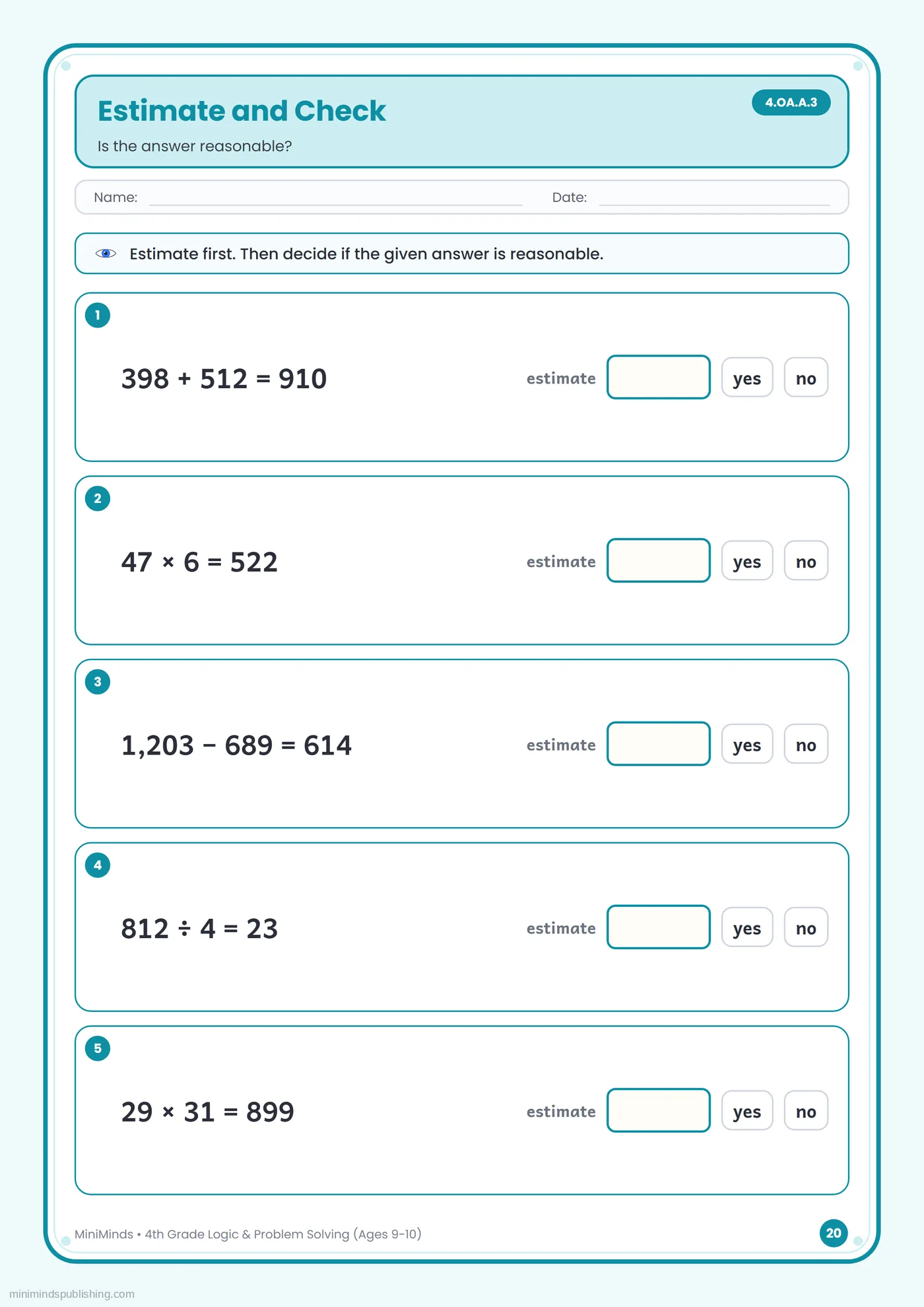 Estimate and Check — free printable 4th Grade logic & problem solving worksheet for ages 9-10