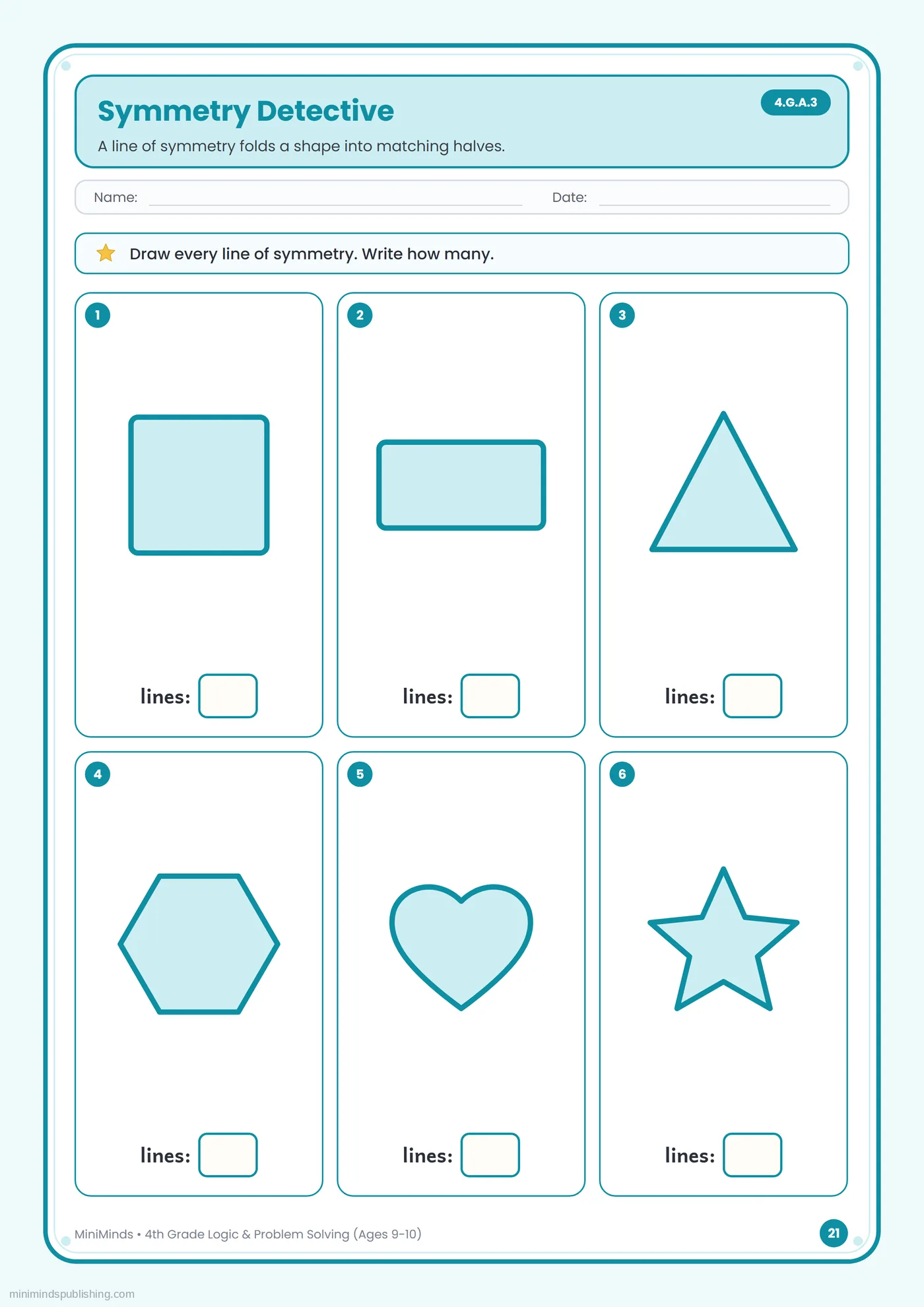 Symmetry Detective — free printable 4th Grade logic & problem solving worksheet for ages 9-10