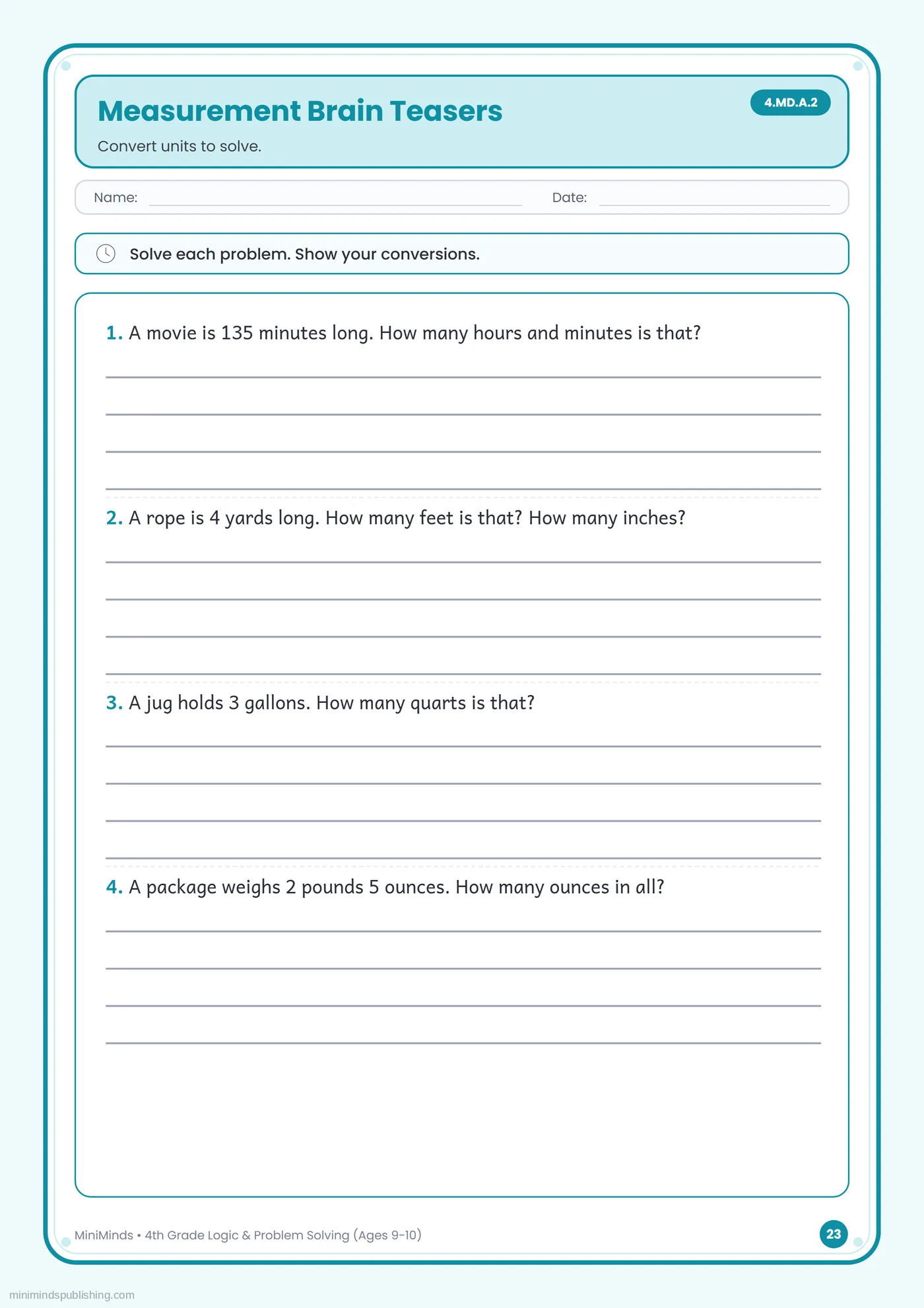 Measurement Brain Teasers — free printable 4th Grade logic & problem solving worksheet for ages 9-10