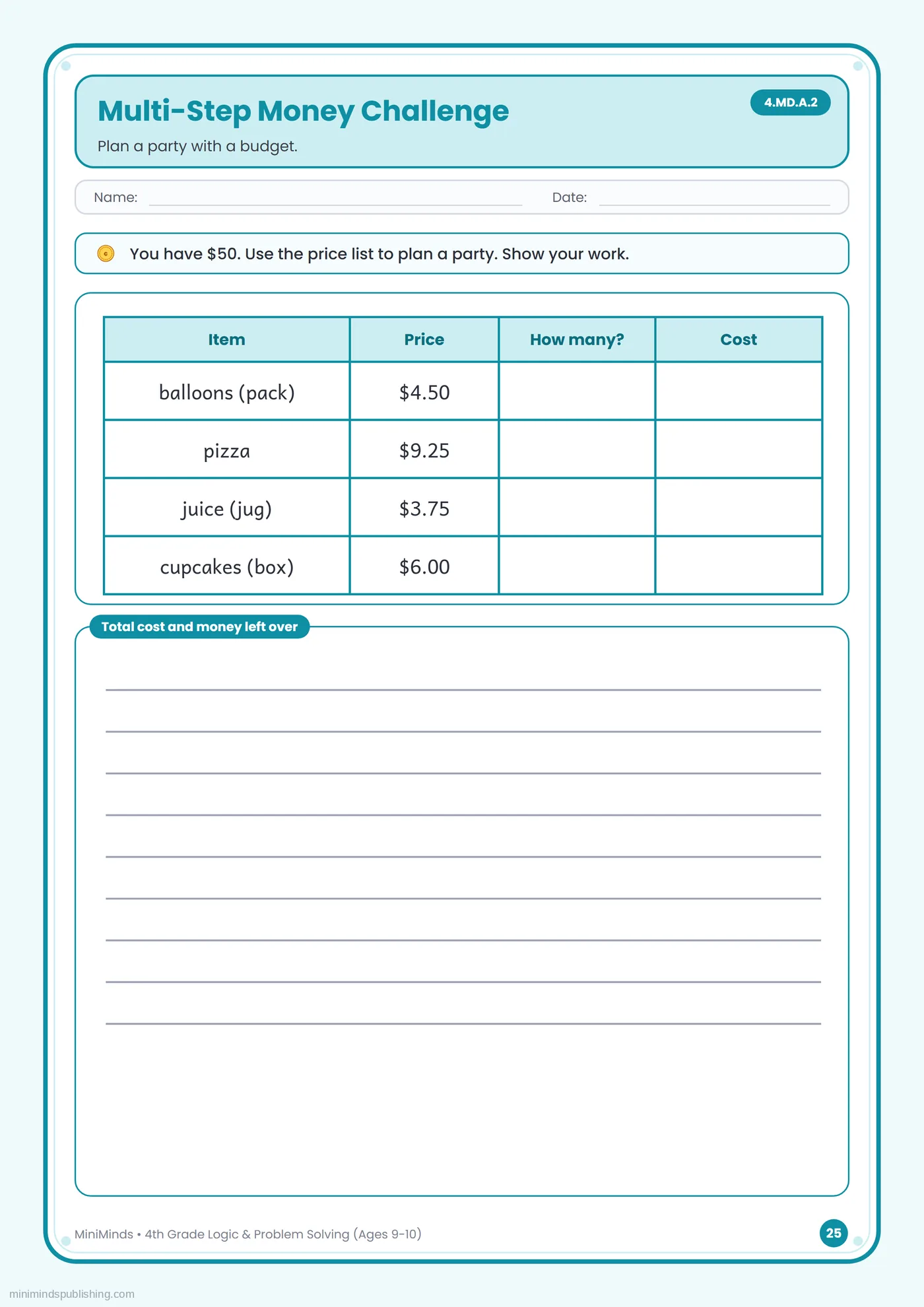 Multi-Step Money Challenge — free printable 4th Grade logic & problem solving worksheet for ages 9-10