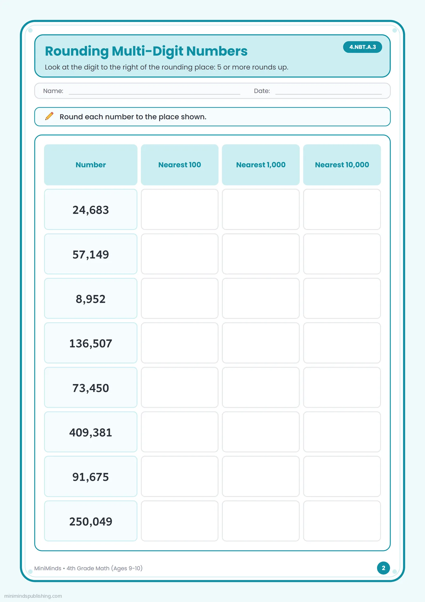 Rounding Multi-Digit Numbers — free printable 4th Grade math worksheet for ages 9-10