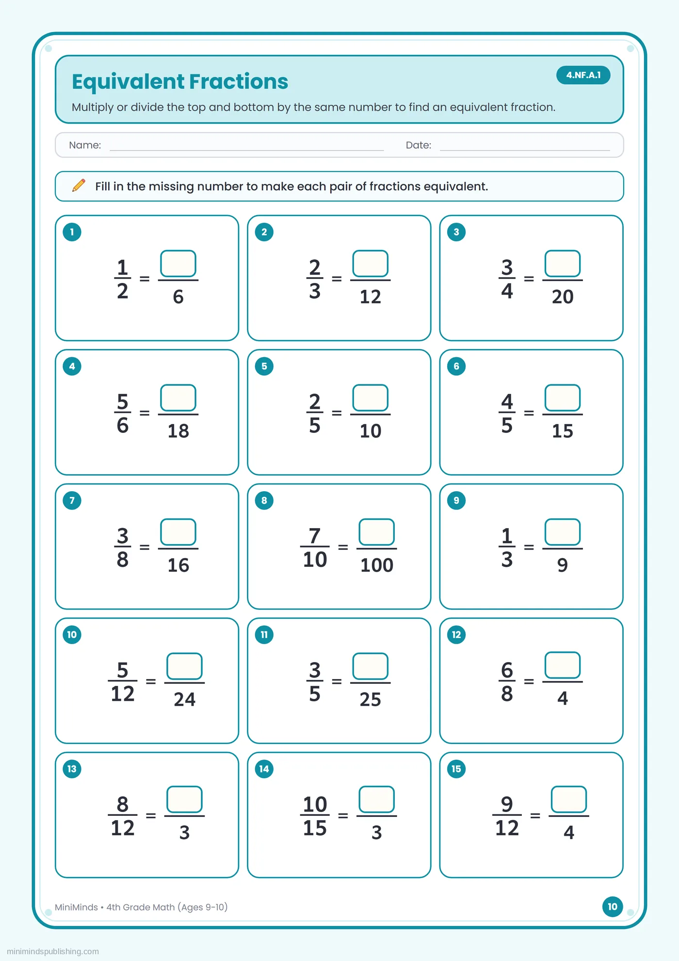 Equivalent Fractions — free printable 4th Grade math worksheet for ages 9-10
