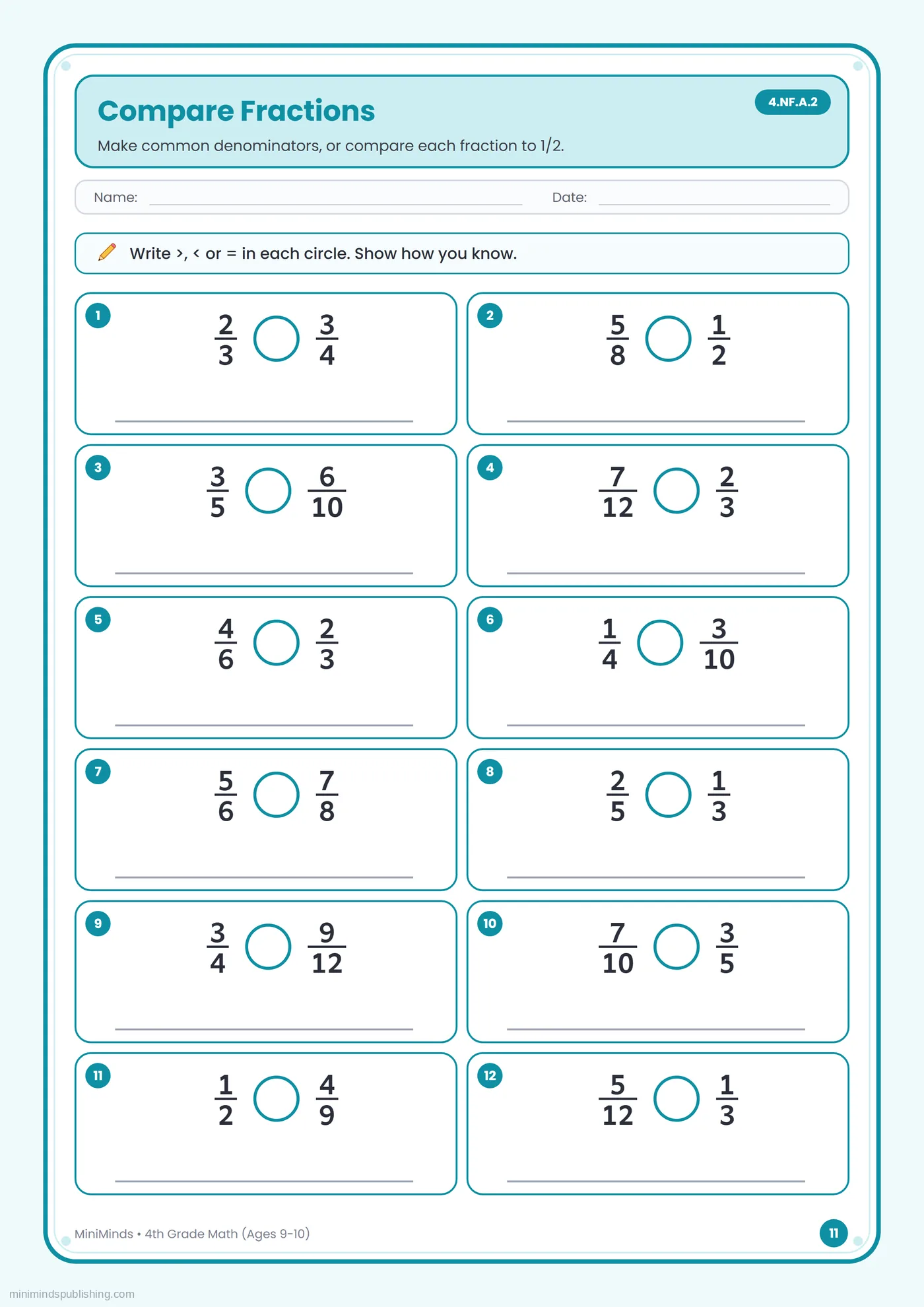 Compare Fractions — free printable 4th Grade math worksheet for ages 9-10