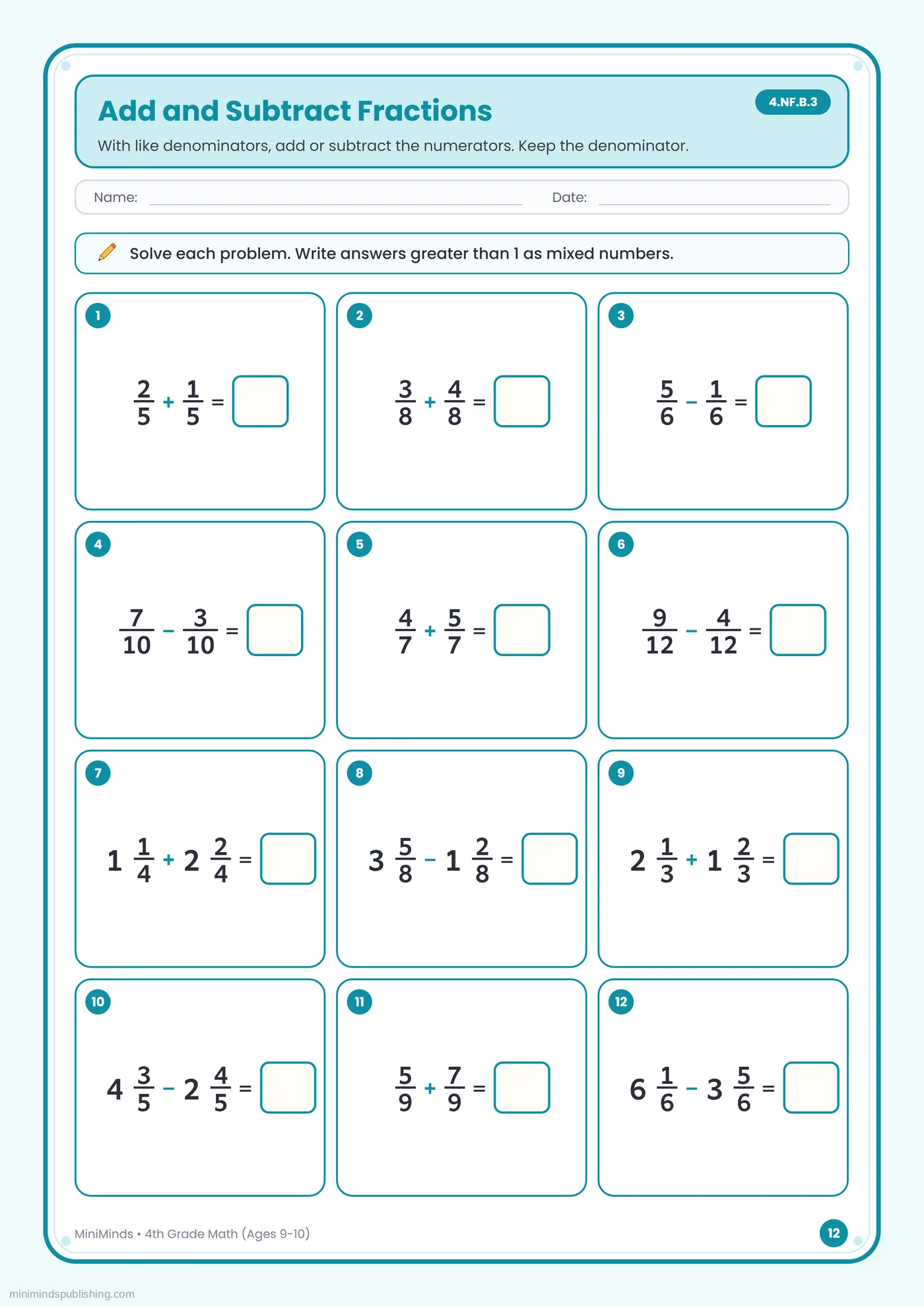 Add and Subtract Fractions — free printable 4th Grade math worksheet for ages 9-10