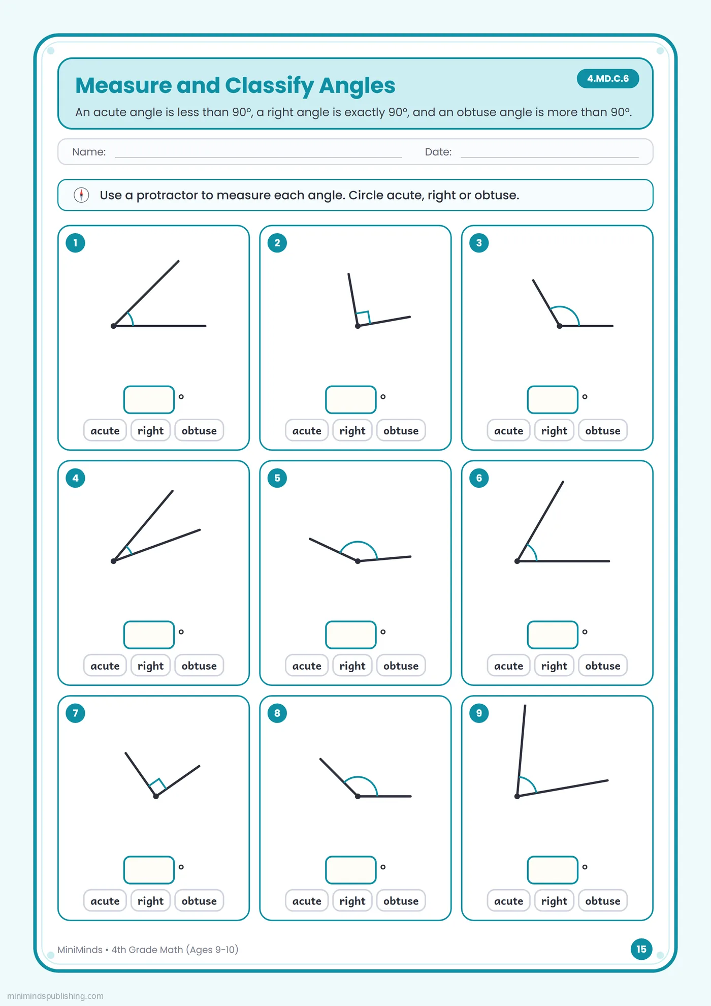 Measure and Classify Angles — free printable 4th Grade math worksheet for ages 9-10