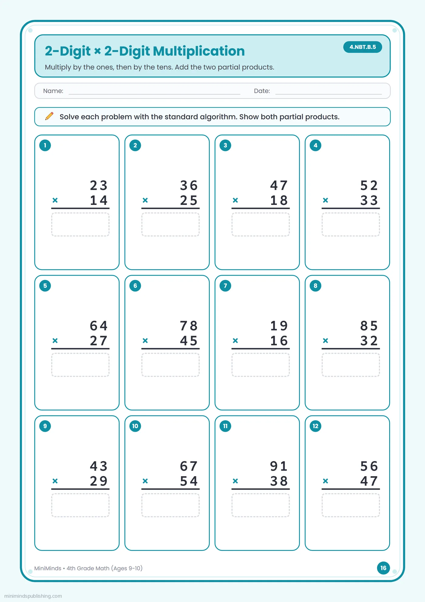 2-Digit × 2-Digit Multiplication — free printable 4th Grade math worksheet for ages 9-10