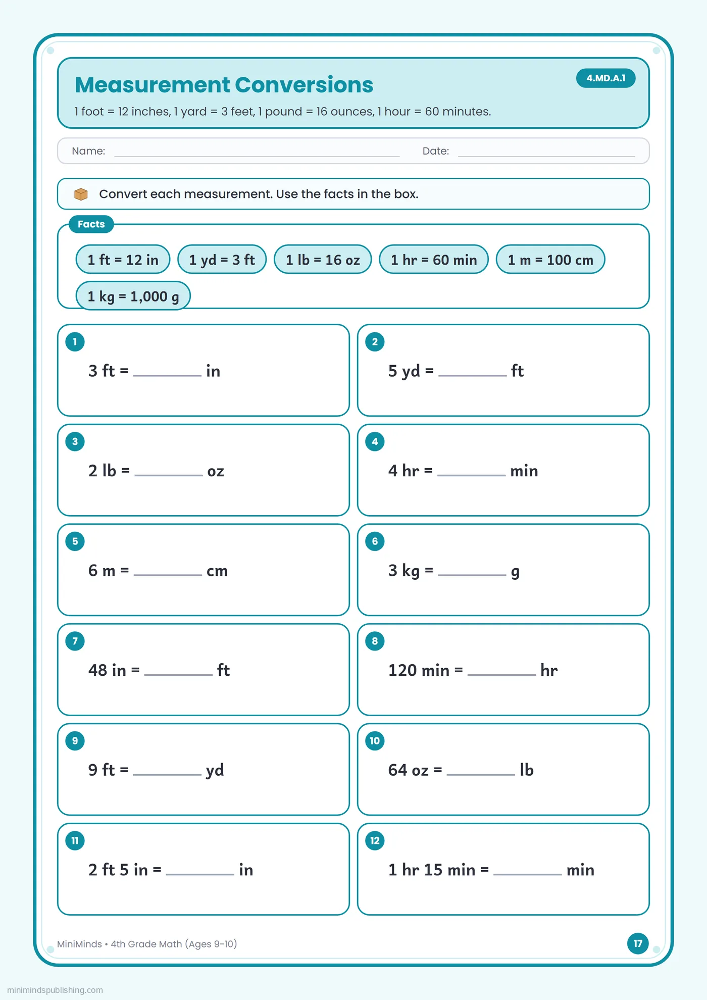Measurement Conversions — free printable 4th Grade math worksheet for ages 9-10