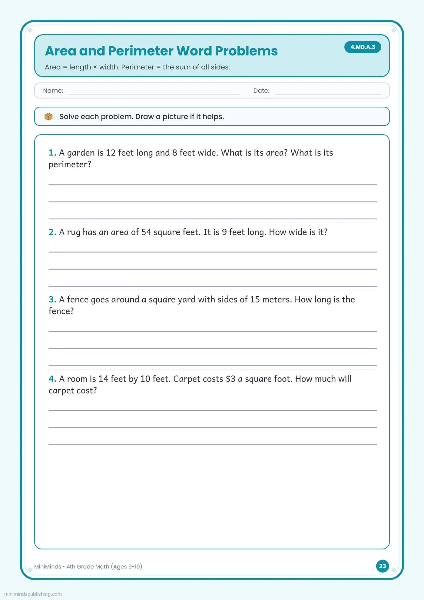 Area and Perimeter Word Problems — free printable 4th Grade math worksheet for ages 9-10