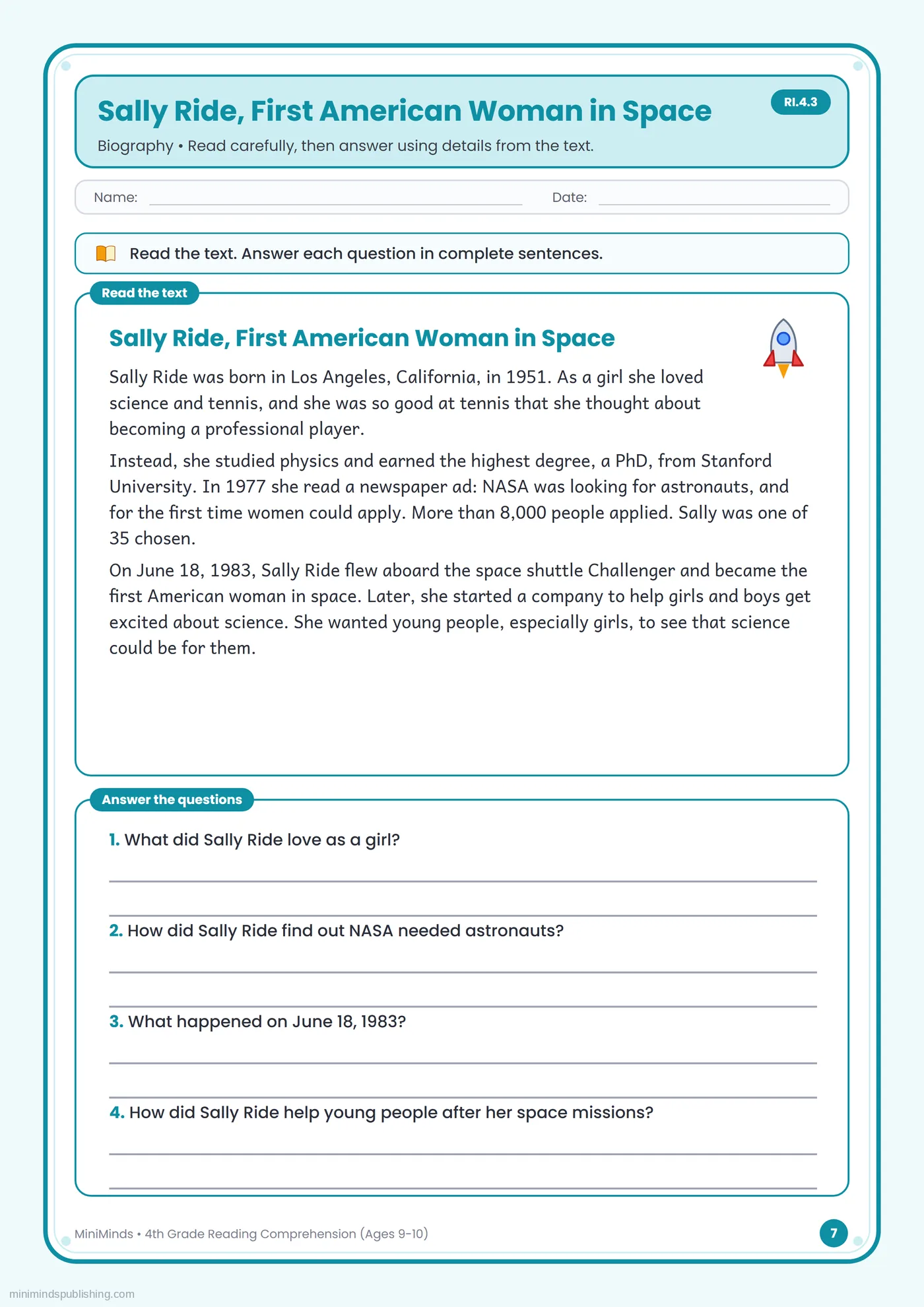 Sally Ride, First American Woman in Space — free printable 4th Grade reading comprehension worksheet for ages 9-10