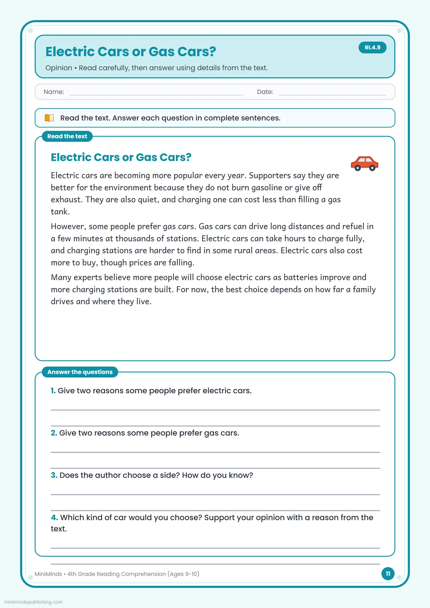 Electric Cars or Gas Cars? — free printable 4th Grade reading comprehension worksheet for ages 9-10