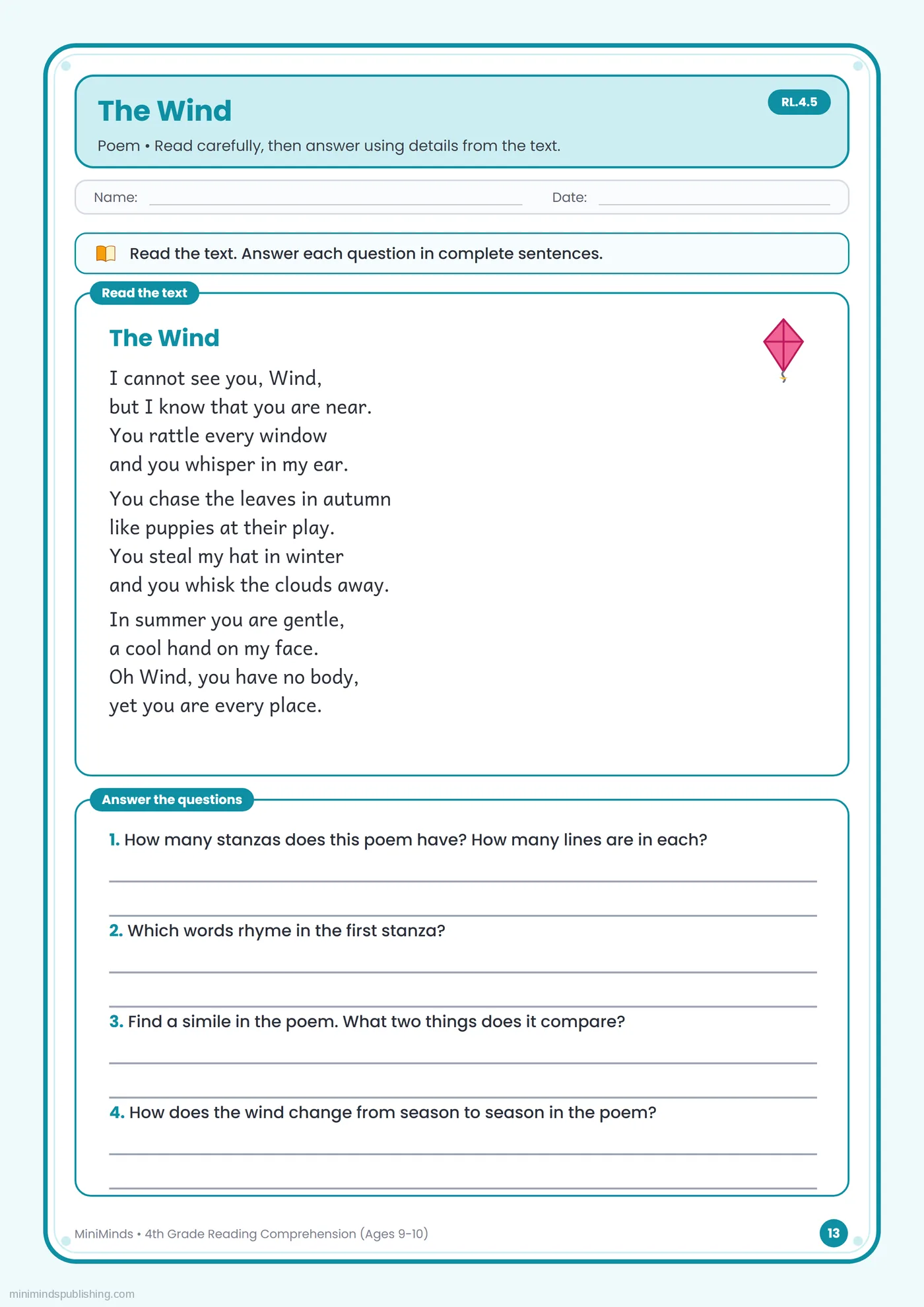The Wind — free printable 4th Grade reading comprehension worksheet for ages 9-10