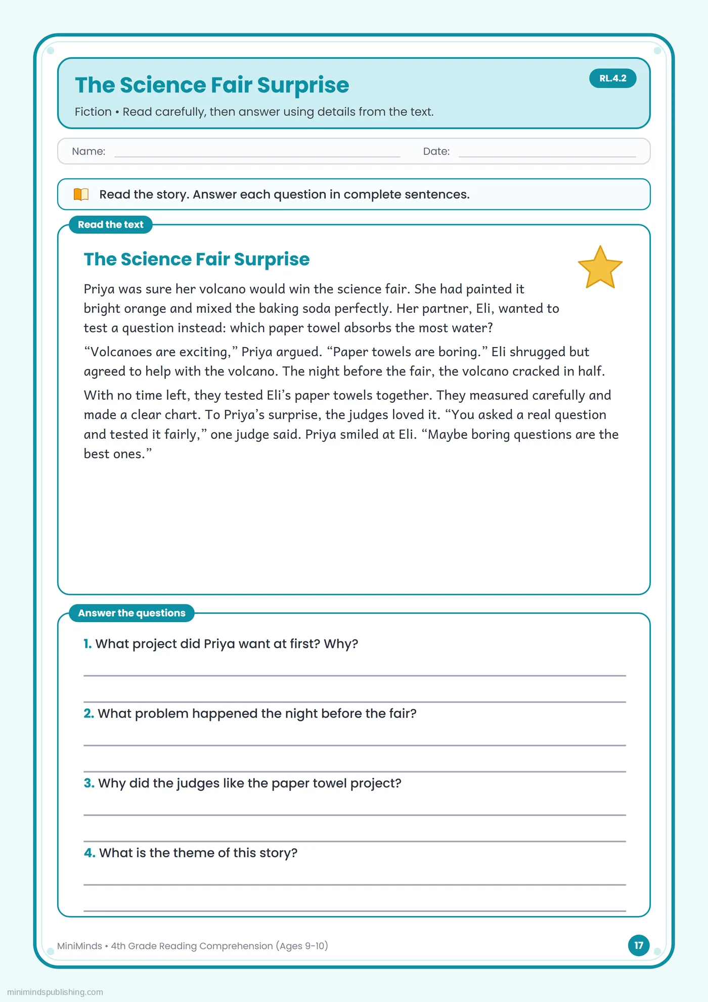 The Science Fair Surprise — free printable 4th Grade reading comprehension worksheet for ages 9-10
