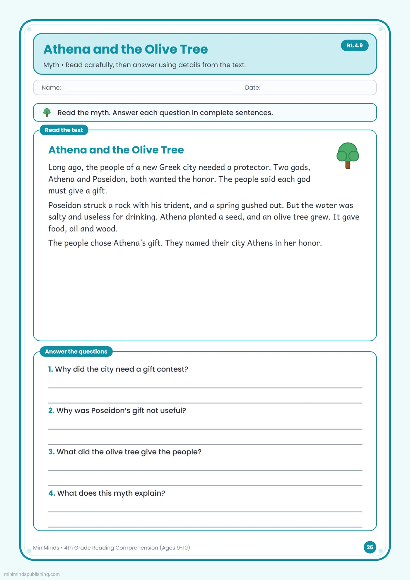 Athena and the Olive Tree — free printable 4th Grade reading comprehension worksheet for ages 9-10