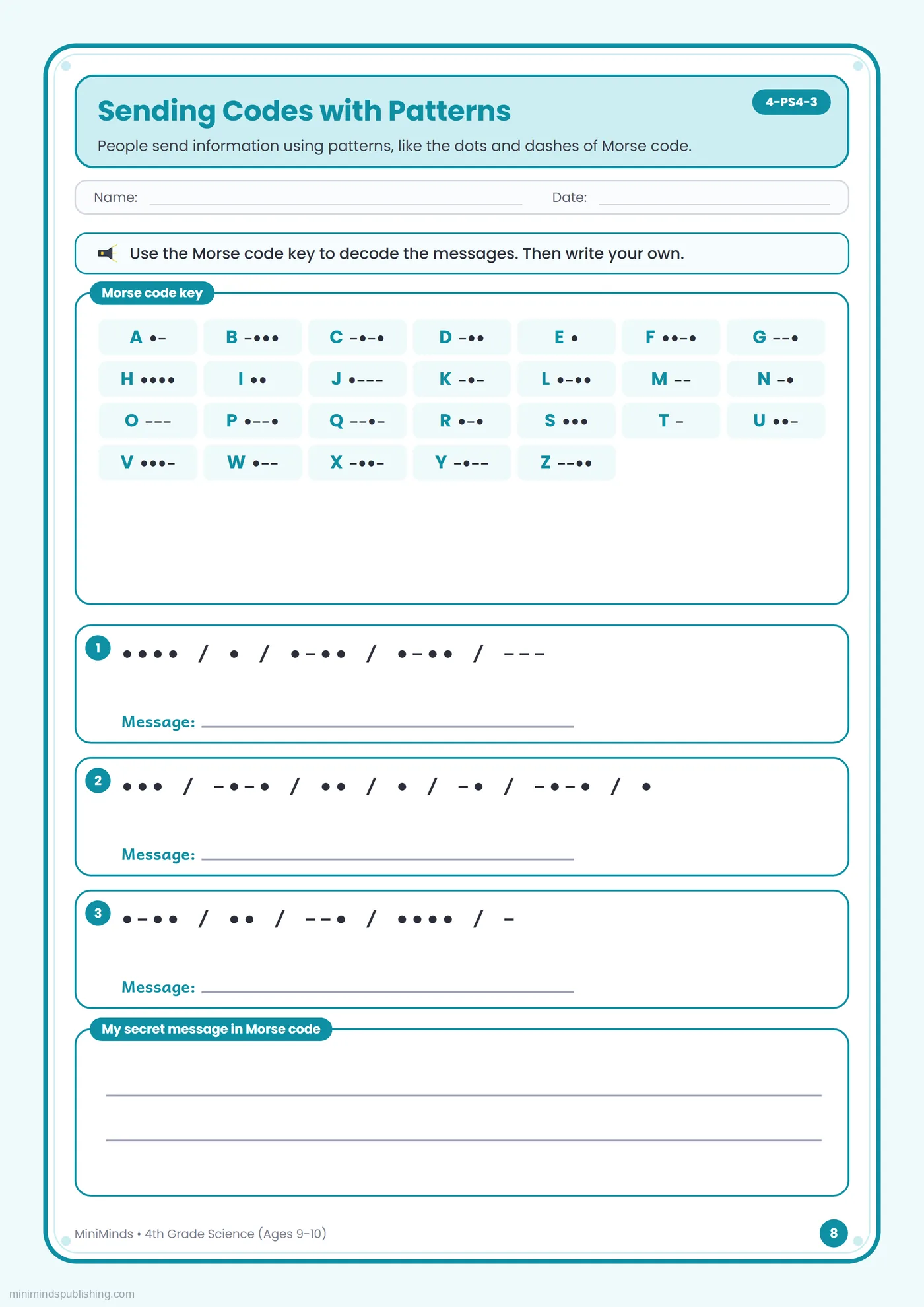 Sending Codes with Patterns — free printable 4th Grade science worksheet for ages 9-10