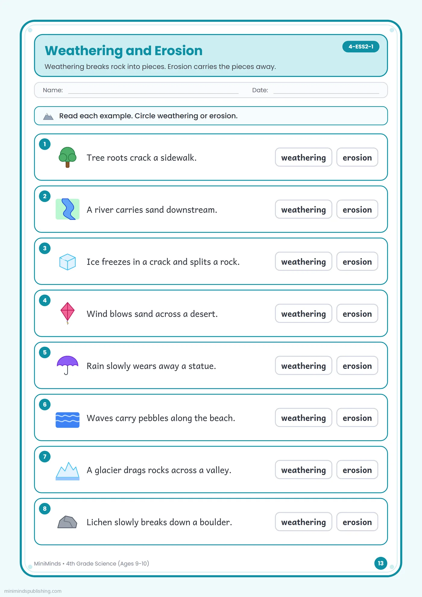 Weathering and Erosion — free printable 4th Grade science worksheet for ages 9-10