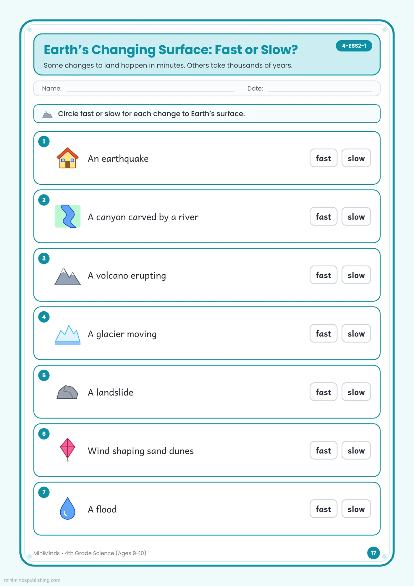 Earth’s Changing Surface: Fast or Slow? — free printable 4th Grade science worksheet for ages 9-10