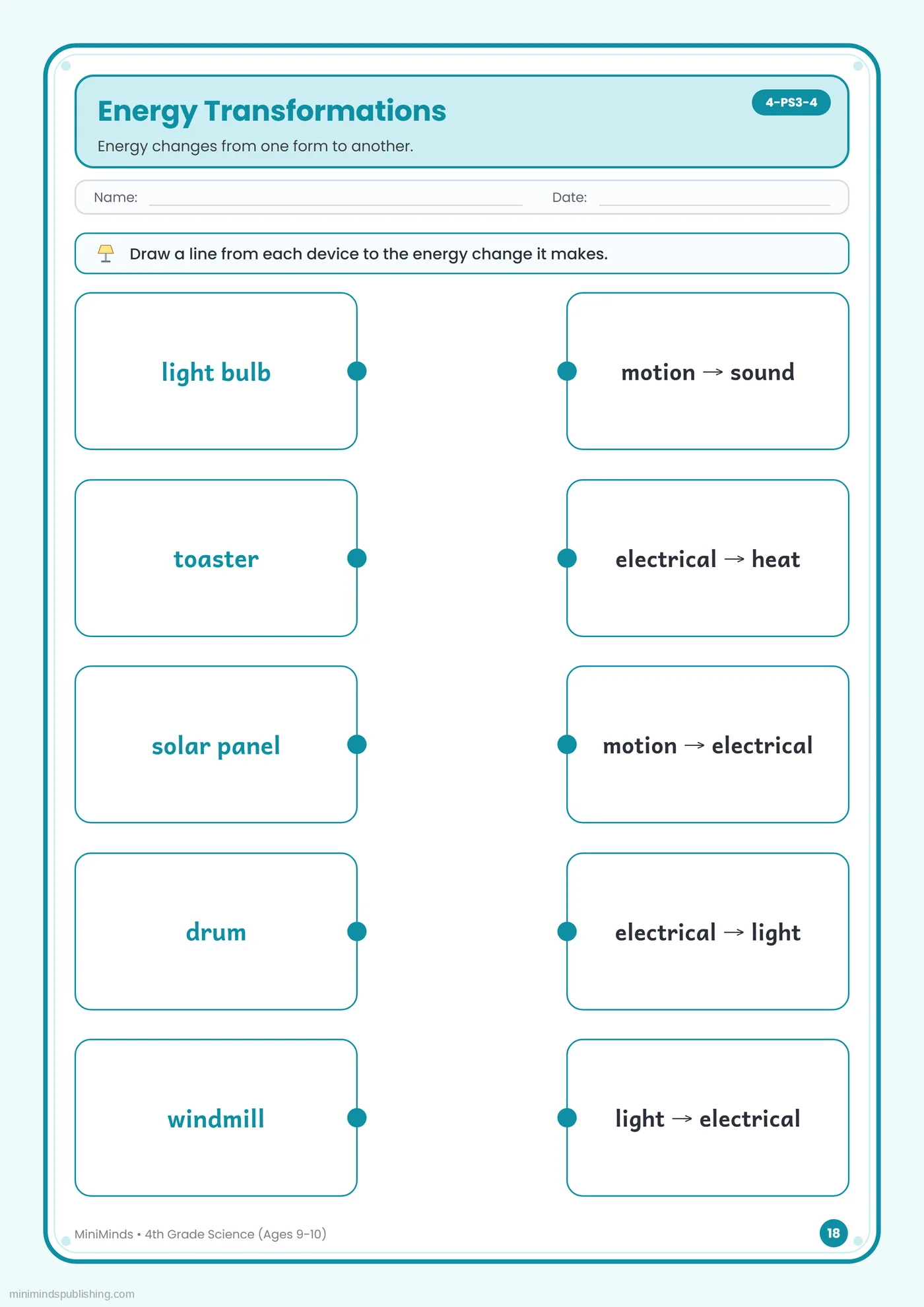 Energy Transformations — free printable 4th Grade science worksheet for ages 9-10
