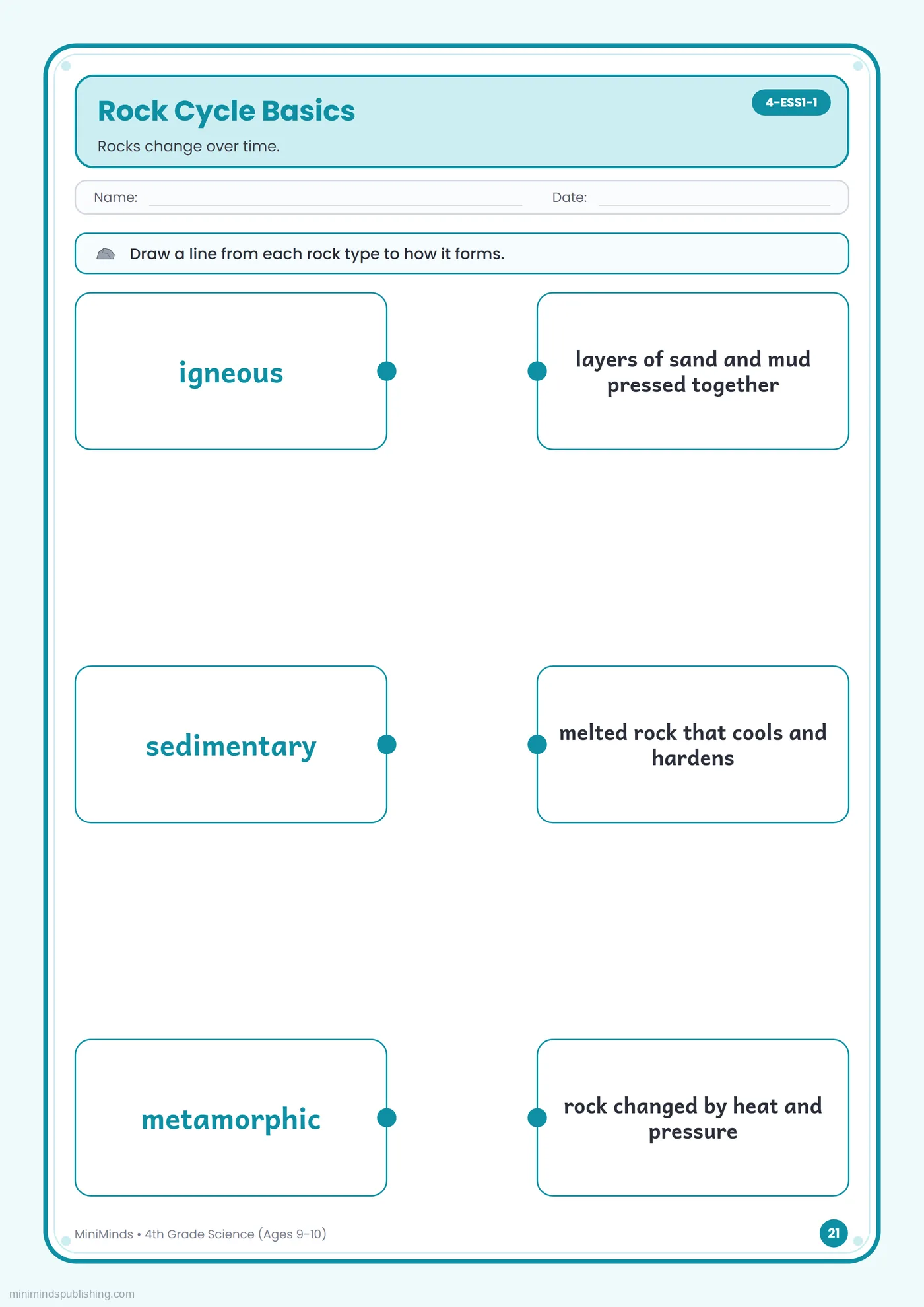Rock Cycle Basics — free printable 4th Grade science worksheet for ages 9-10