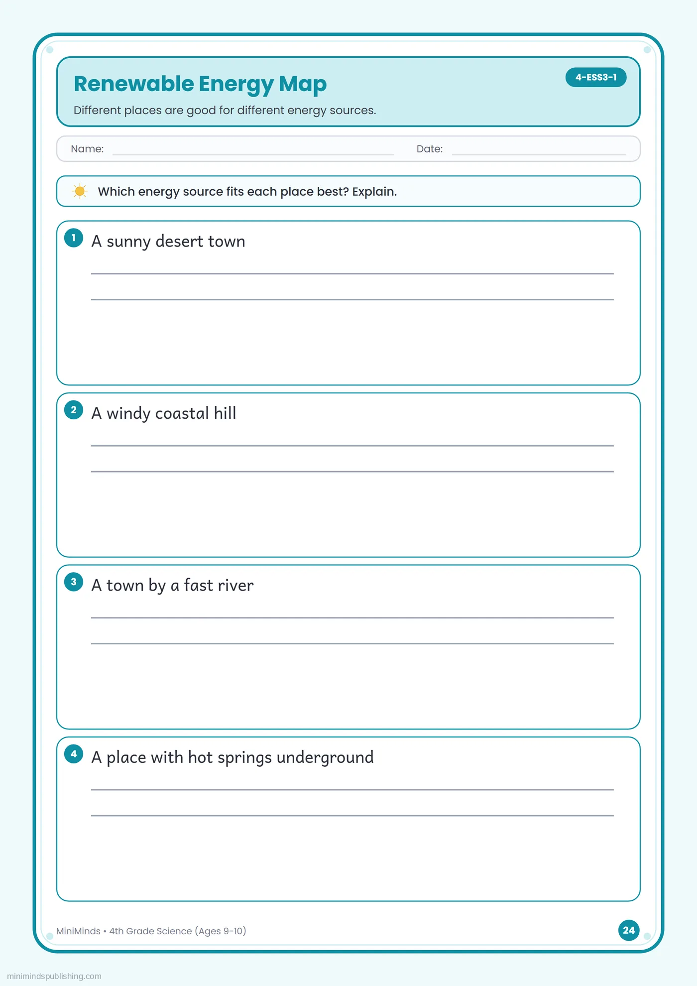 Renewable Energy Map — free printable 4th Grade science worksheet for ages 9-10