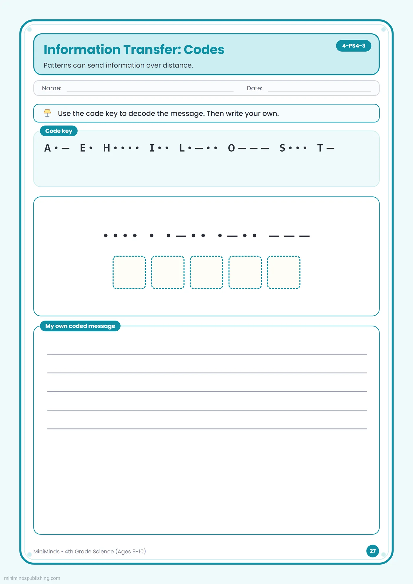Information Transfer: Codes — free printable 4th Grade science worksheet for ages 9-10
