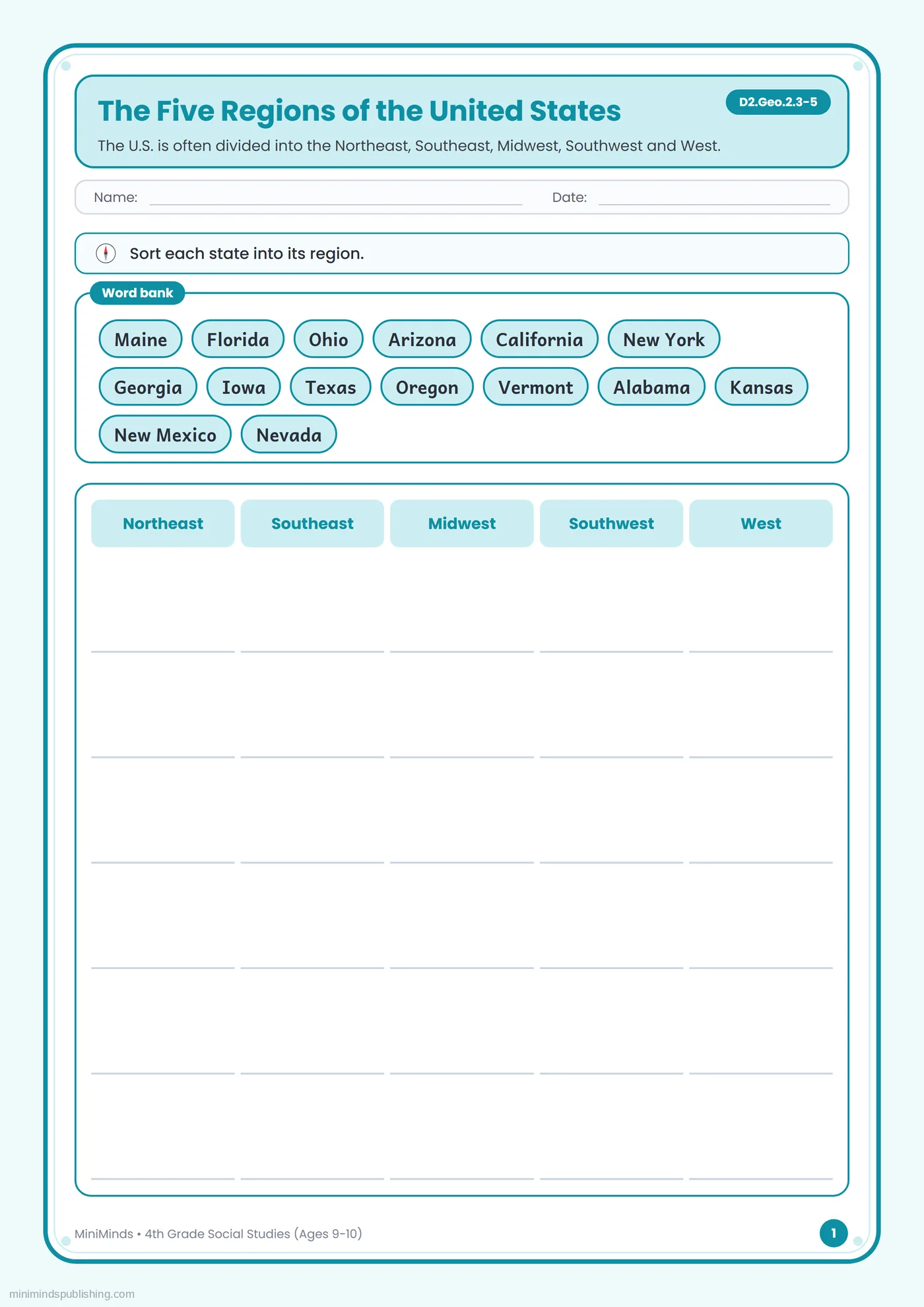 The Five Regions of the United States โ free printable 4th Grade social studies worksheet for ages 9-10