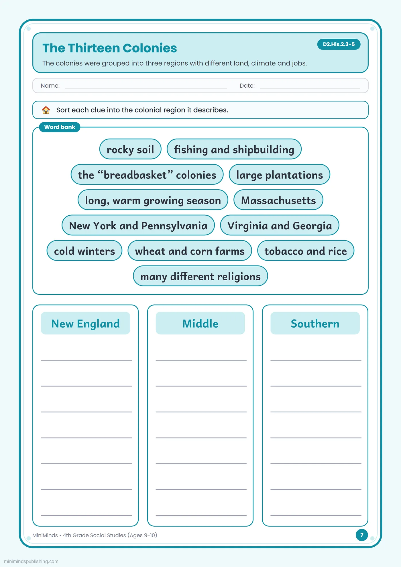 The Thirteen Colonies — free printable 4th Grade social studies worksheet for ages 9-10