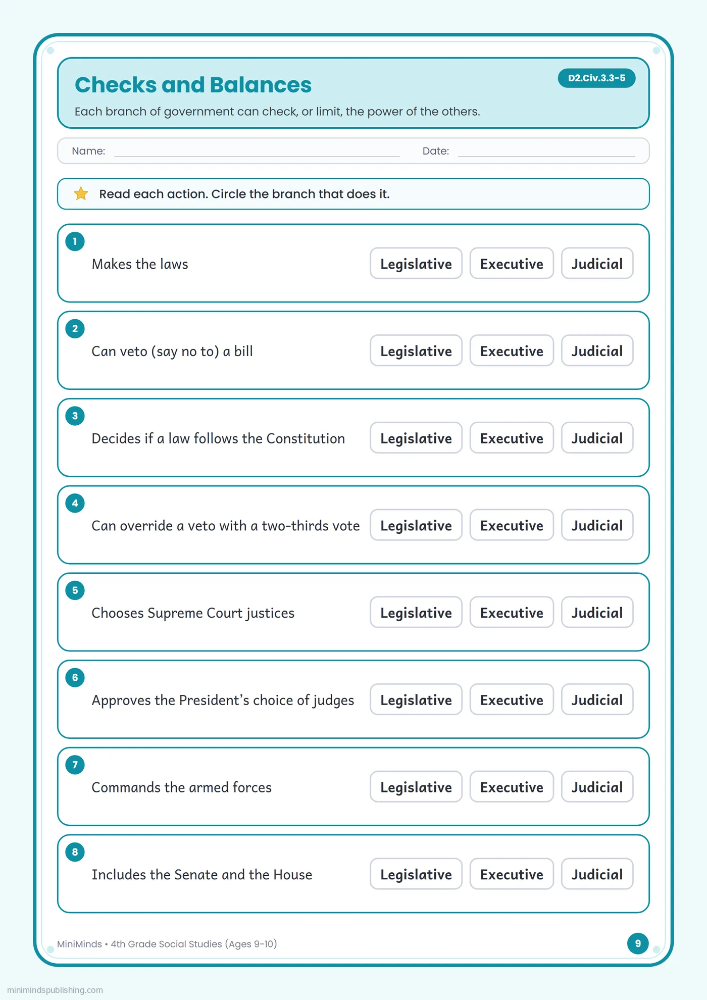 Checks and Balances — free printable 4th Grade social studies worksheet for ages 9-10