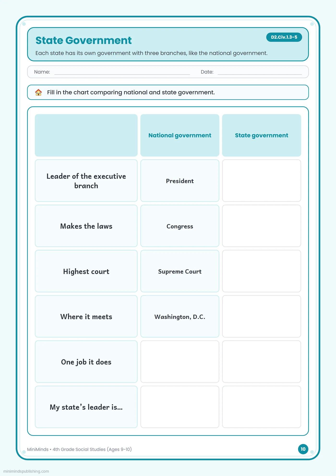 State Government — free printable 4th Grade social studies worksheet for ages 9-10